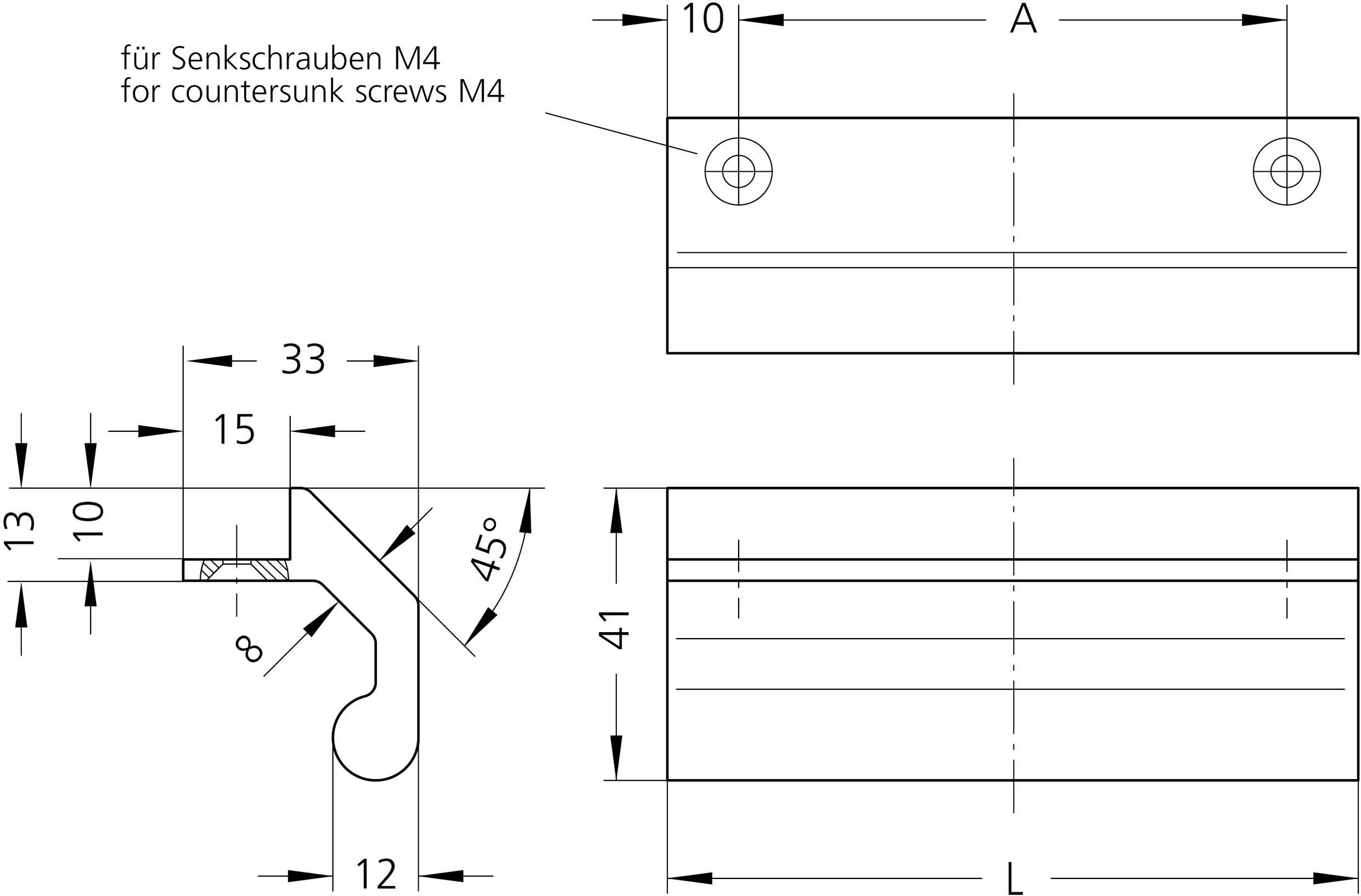 Rysunek techniczny metalowego kątownika z wymiarami. Zawiera otwory pod wkręty metalowe M4. Kąt 45 stopni zaznaczony wyraźnie.