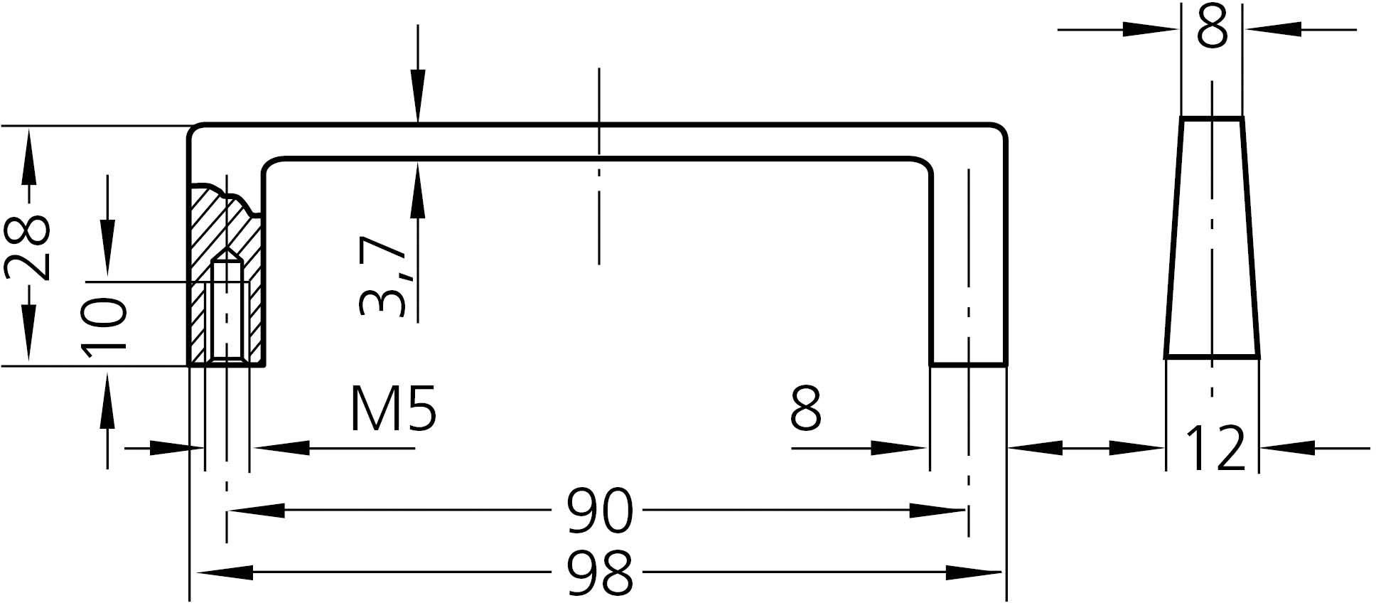 Rysunek techniczny prostokątnego uchwytu z wymiarami: szerokość 98 mm, wysokość 28 mm, gwint M5, grubość boczna 8 mm.