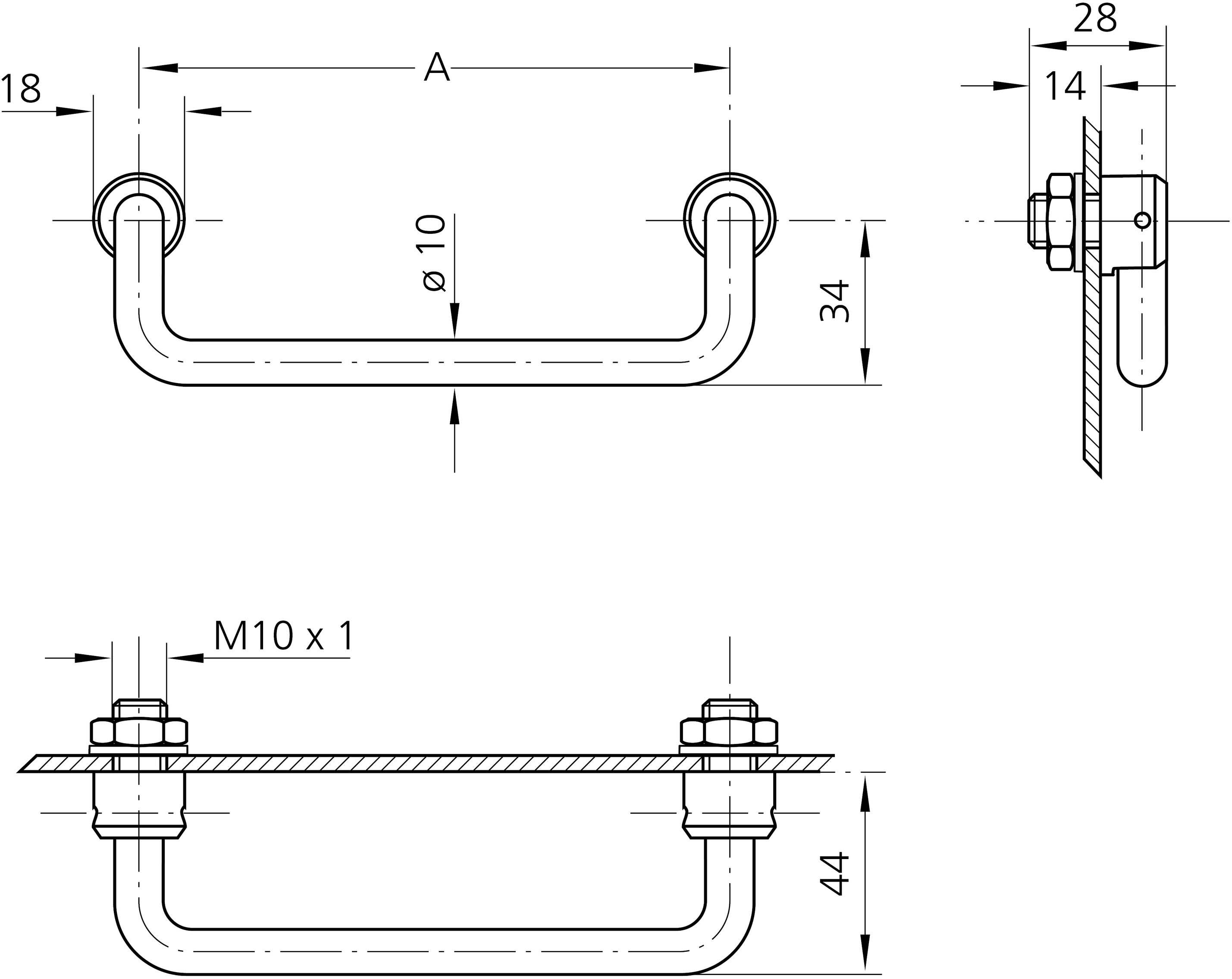 Rysunek techniczny uchwytu w kształcie litery U z wymiarami: 18 mm szerokości, 28 mm głębokości, 34 mm wysokości, 44 mm wysokości całkowitej, śruby M10 x 1.