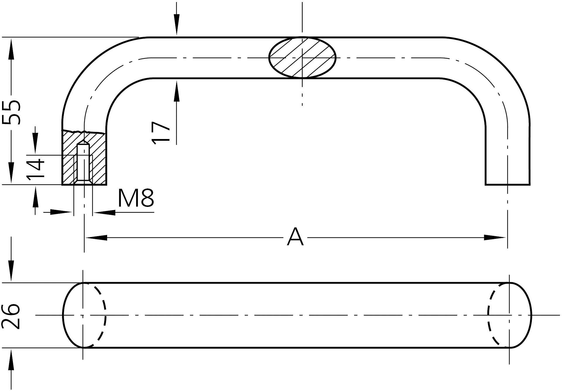 Rysunek techniczny uchwytu w kształcie litery U z wymiarami. Wysokość: 55 mm, Szerokość: A, Średnica uchwytu: 14 mm, Średnica podstawy: 26 mm, Rozmiar śruby: M8.