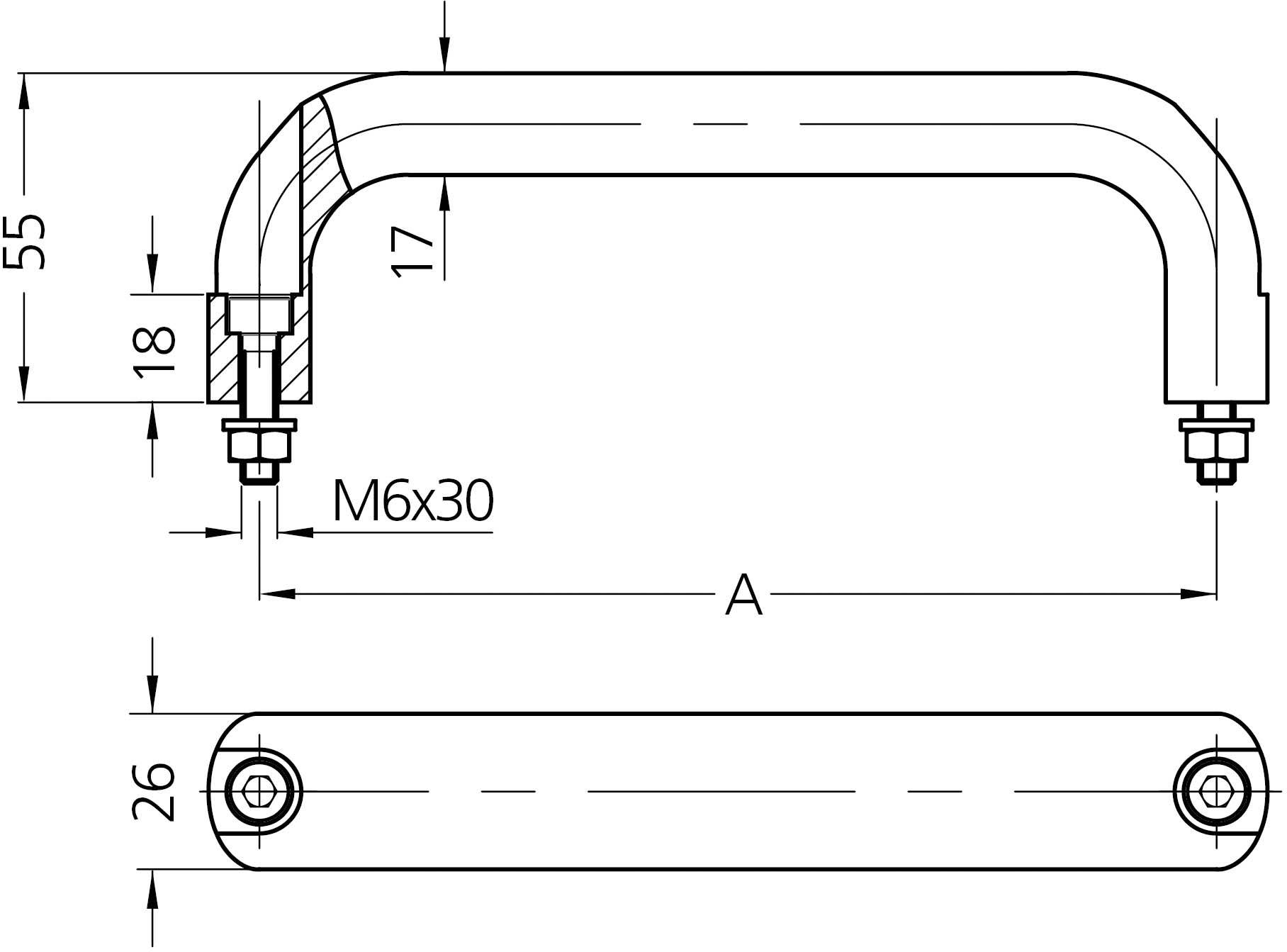 Rysunek techniczny uchwytu w kształcie litery U z wymiarami: wysokość 55 mm, szerokość 26 mm, połączenie śrubowe M6x30.