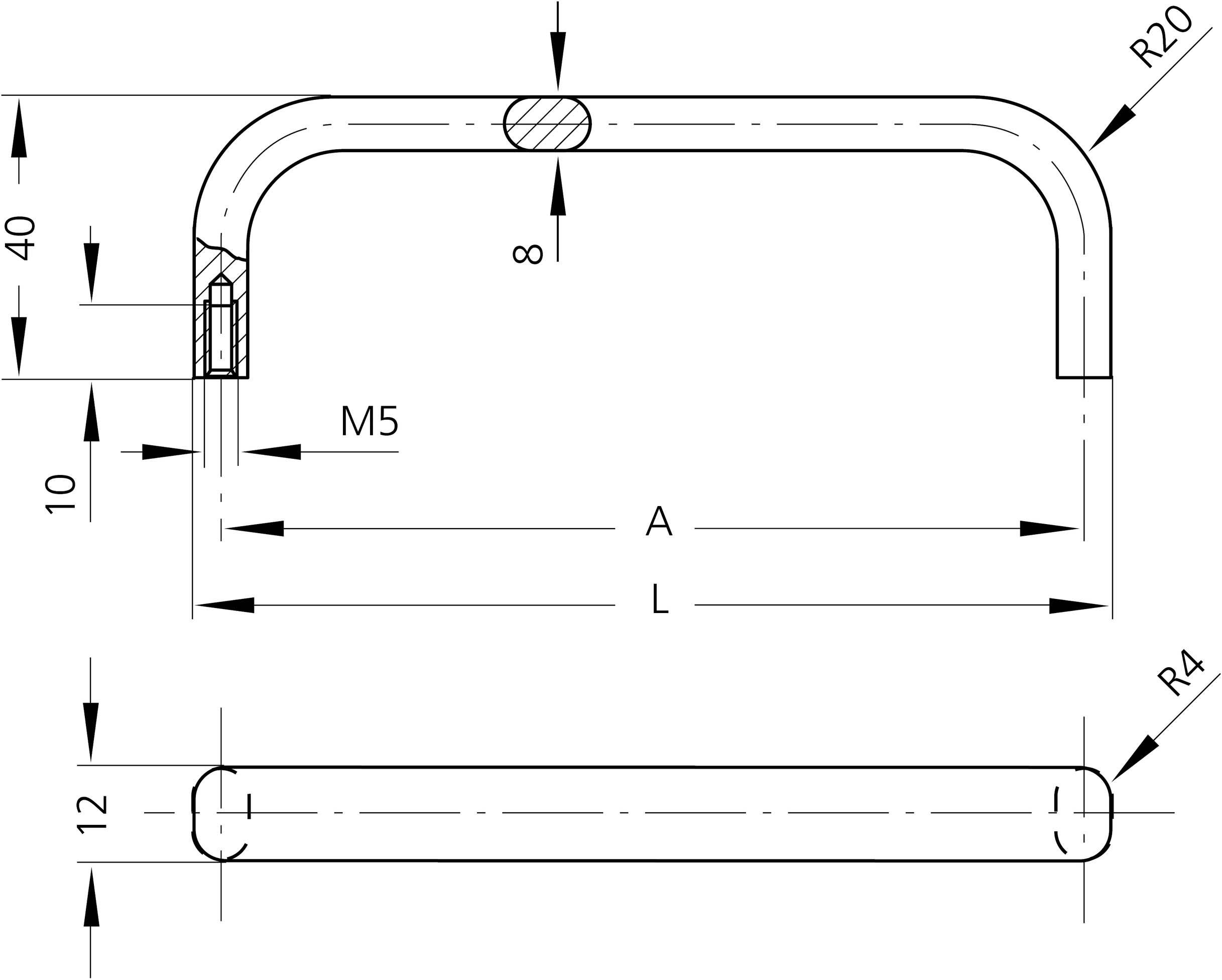 Rysunek techniczny uchwytu w kształcie litery U z wymiarowaniem. Widok z góry przedstawia wymiary R20, R4, M5, 8 oraz długości A i L. Widok z boku pokazuje wysokość 40 i 12.