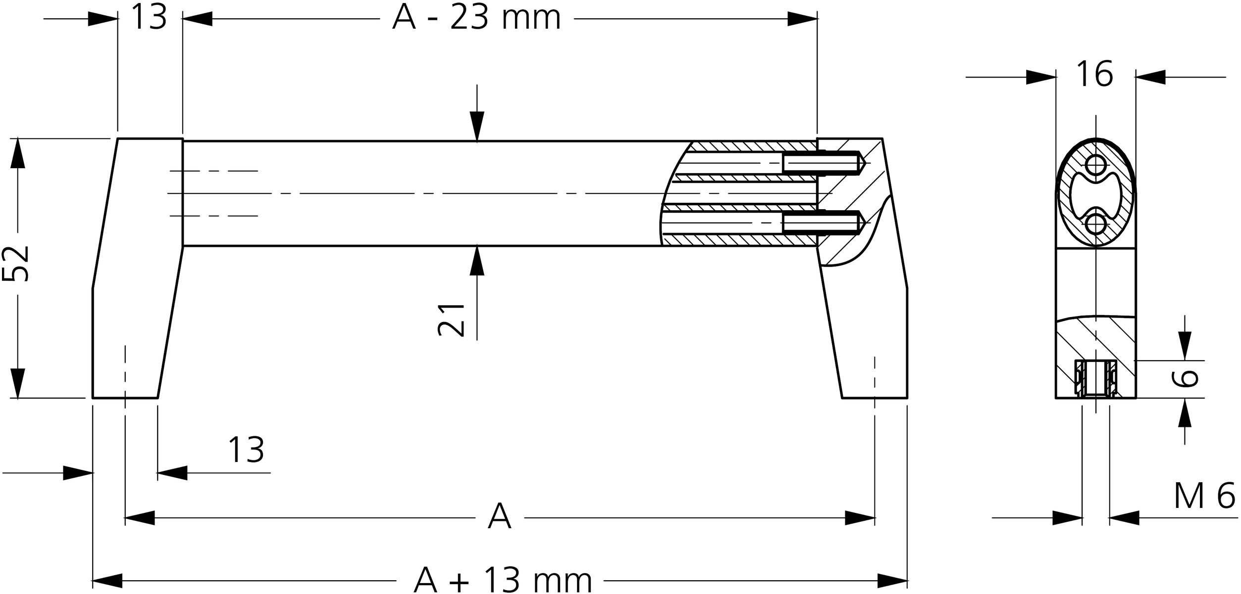 Rysunek techniczny uchwytu: Długość A+13 mm, wysokość 52 mm, gwint M6. Widok z boku przedstawia otwory, przekrój ukazuje strukturę wewnętrzną.