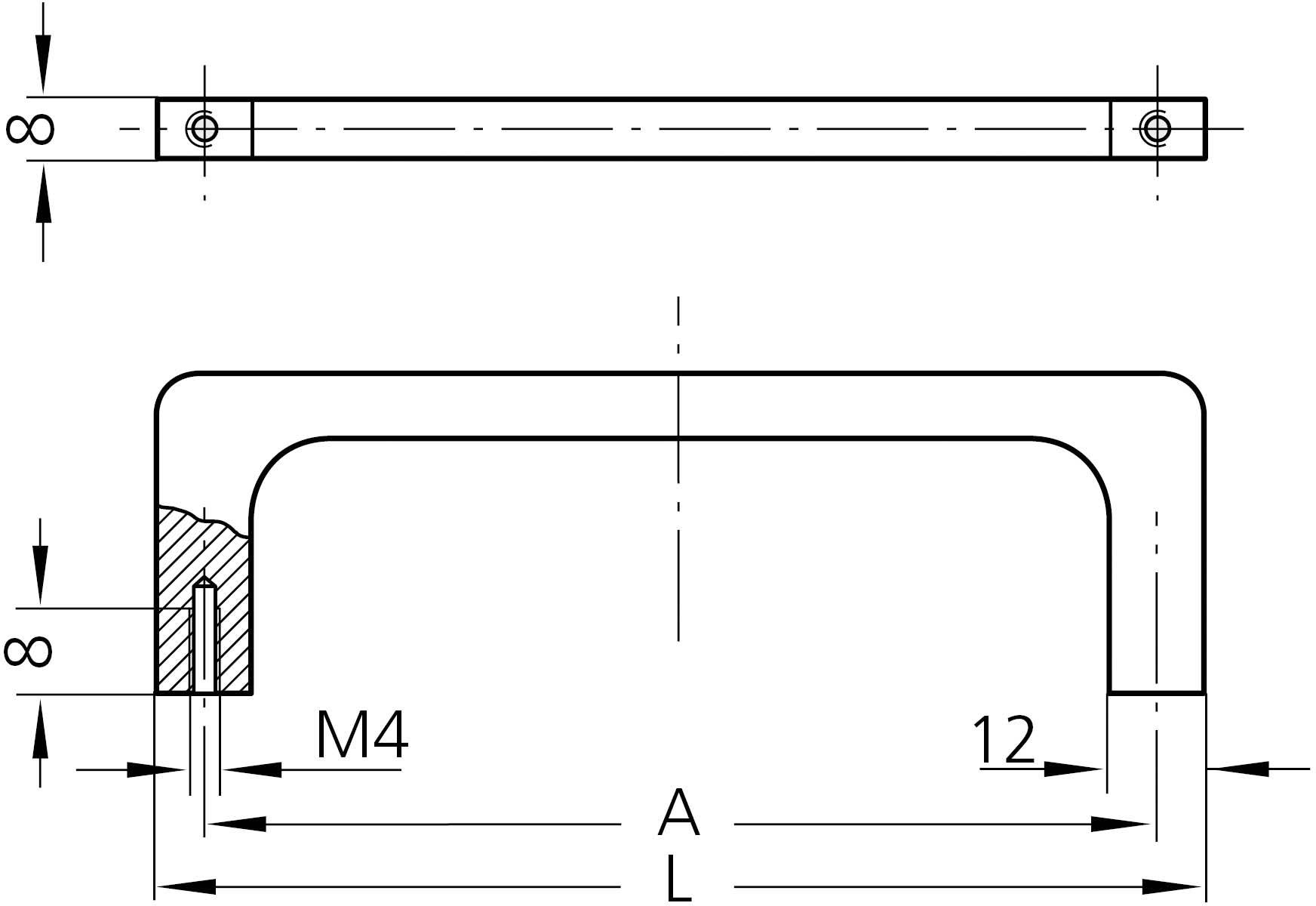 Rysunek techniczny uchwytu w kształcie litery U. Wymiary: szerokość 8 mm, otwory montażowe M4, odległość od otworu do krawędzi 12 mm, całkowita szerokość L.