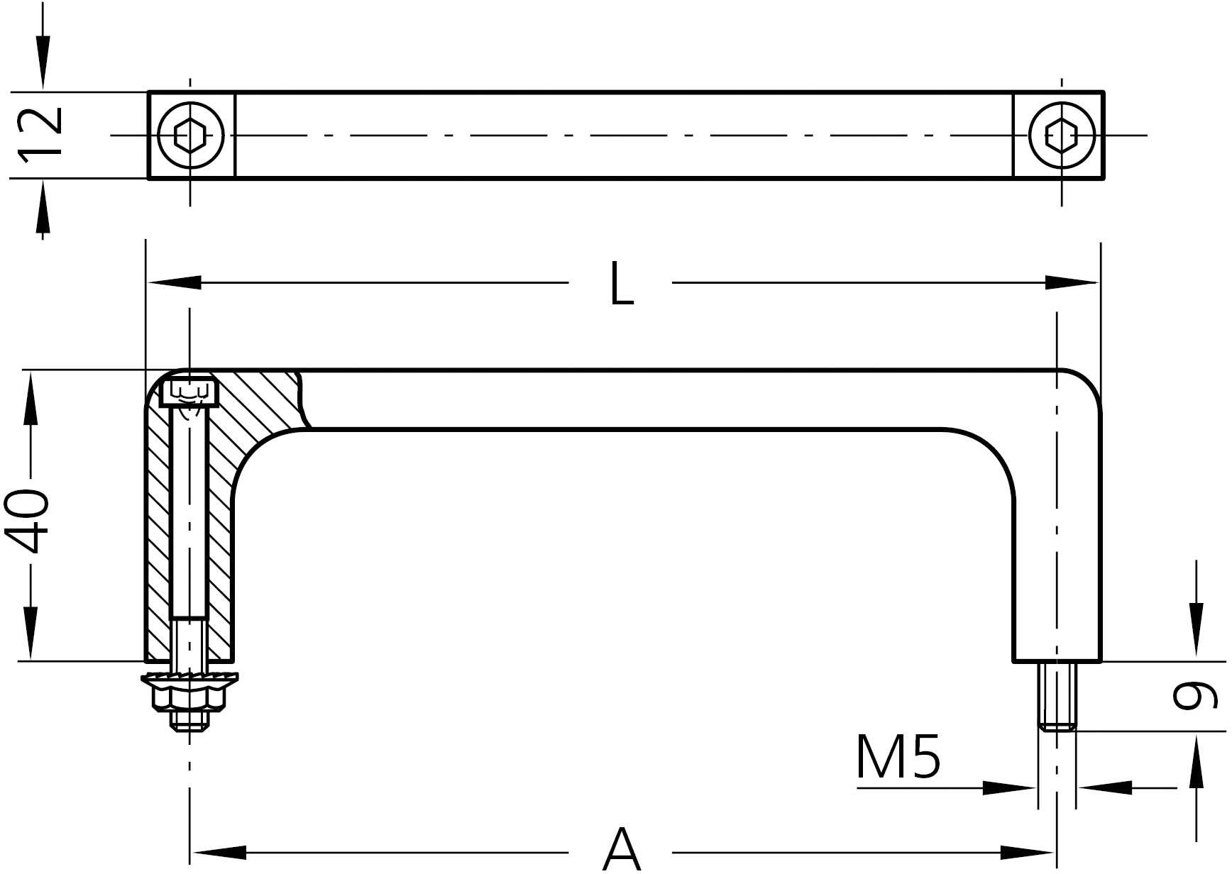 Rysunek techniczny uchwytu o następujących wymiarach: długość (L), szerokość (12), wysokość (9) oraz śruba mocująca M5. Maksymalna wysokość 40.