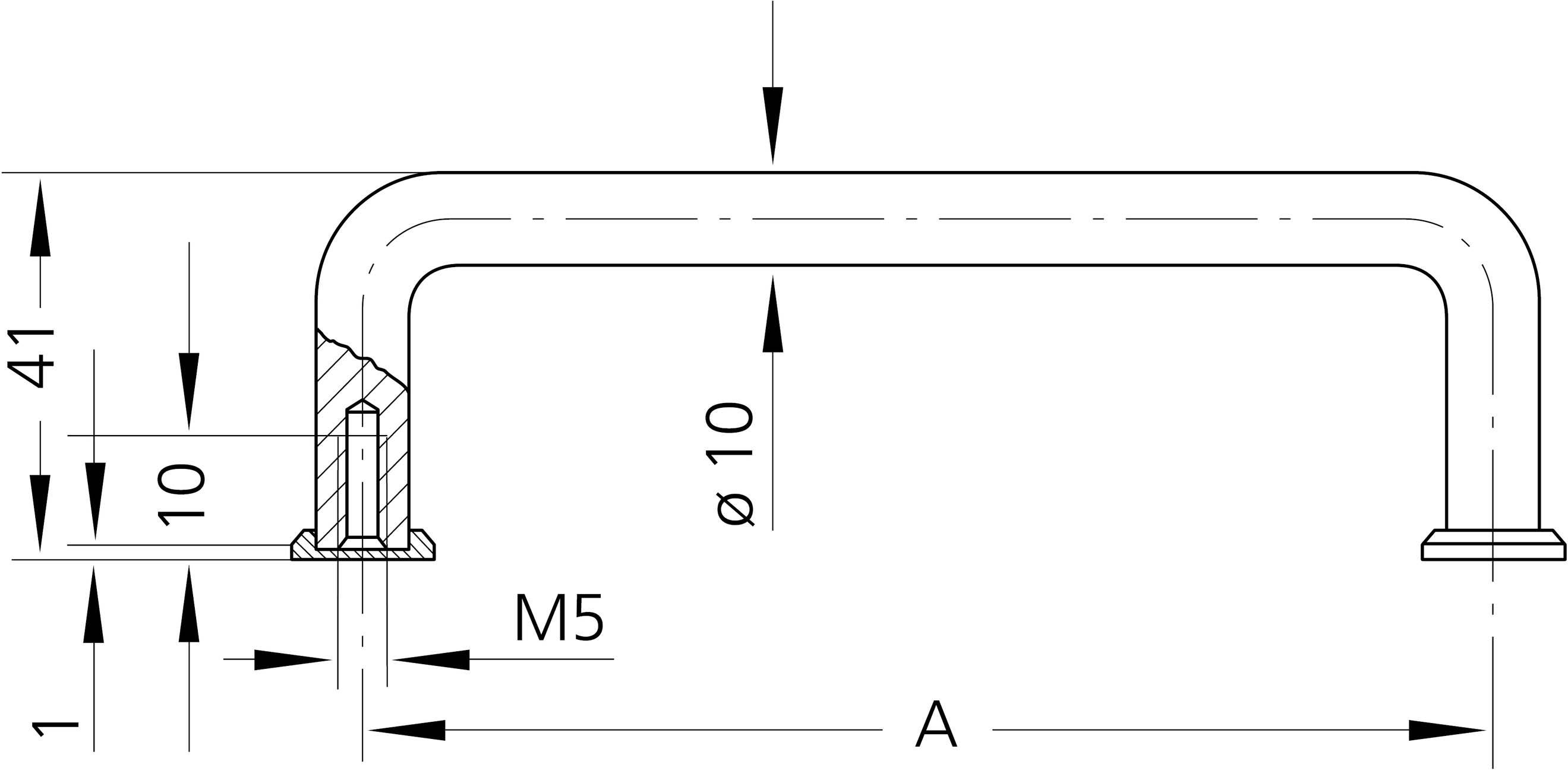 Rysunek techniczny uchwytu w kształcie litery U z wymiarami: wysokość całkowita 41 mm, średnica Ø 10 mm, odległość od podłoża 10 mm, rozmiar śruby M5.