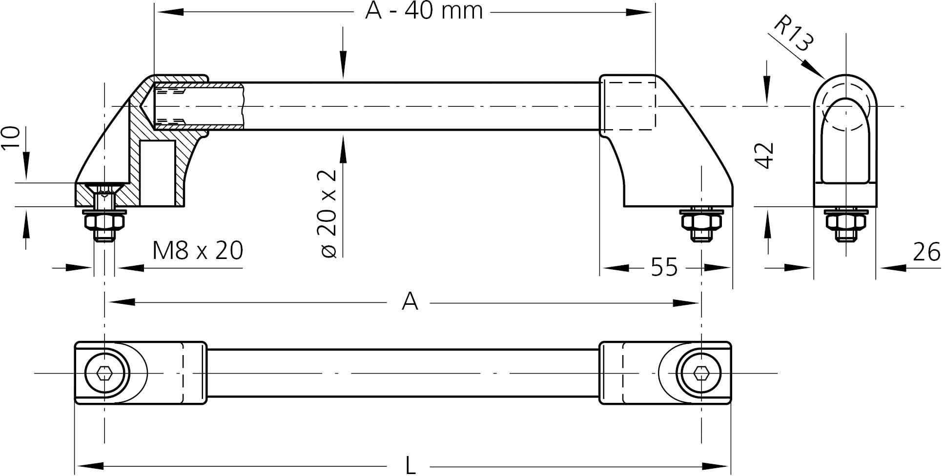 Rysunek techniczny uchwytu z wymiarami: A = 40 mm, L = szerokość całkowita, śruby M8 x 20, ø 20 x 2, z widokiem przekroju poprzecznego.