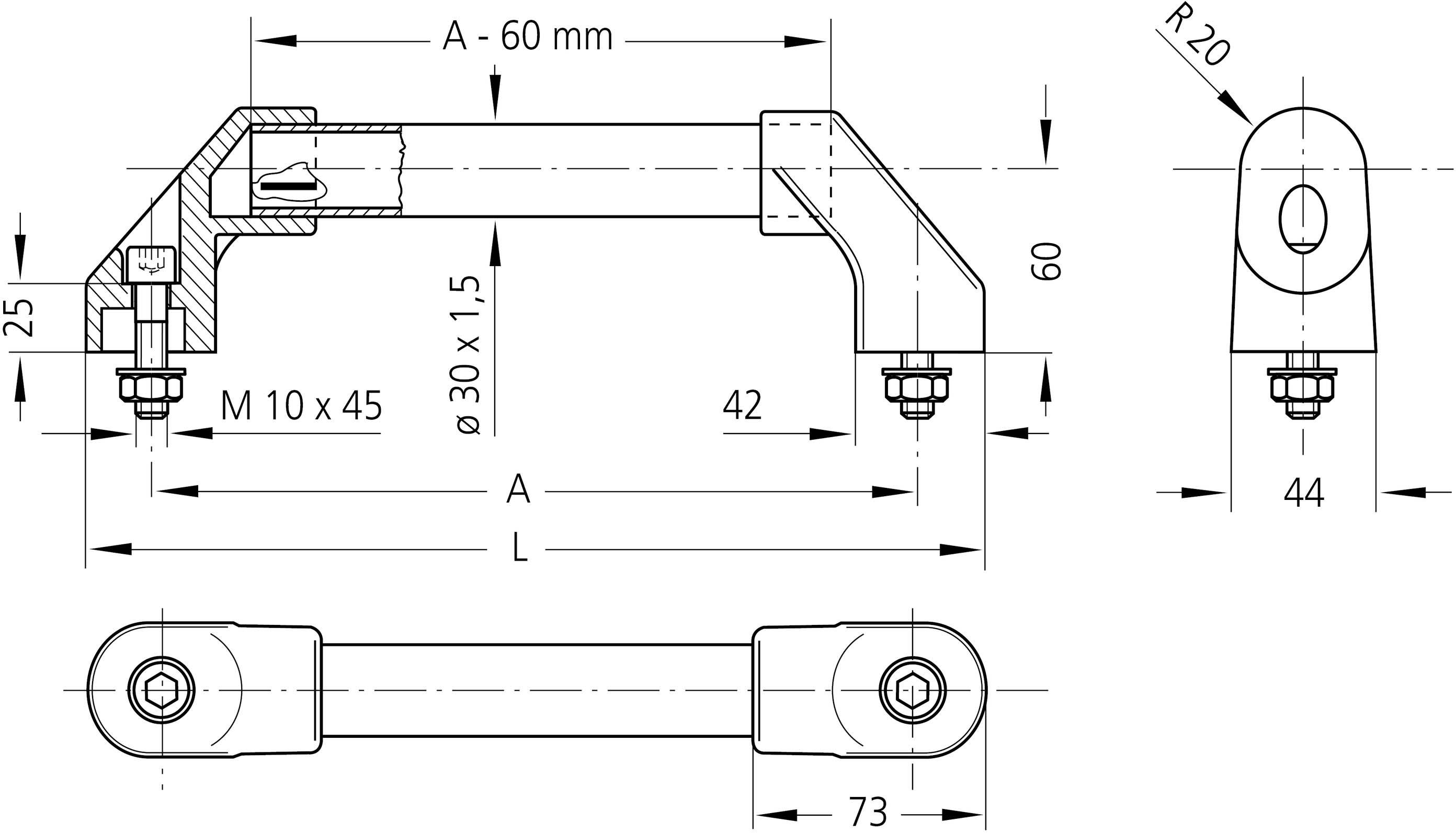 Rysunek techniczny uchwytu z wymiarami: całkowita długość 73 mm, rozstaw otworów 60 mm, wysokość 60 mm. Szczegóły przedstawiają rozmiary śrub i średnice.