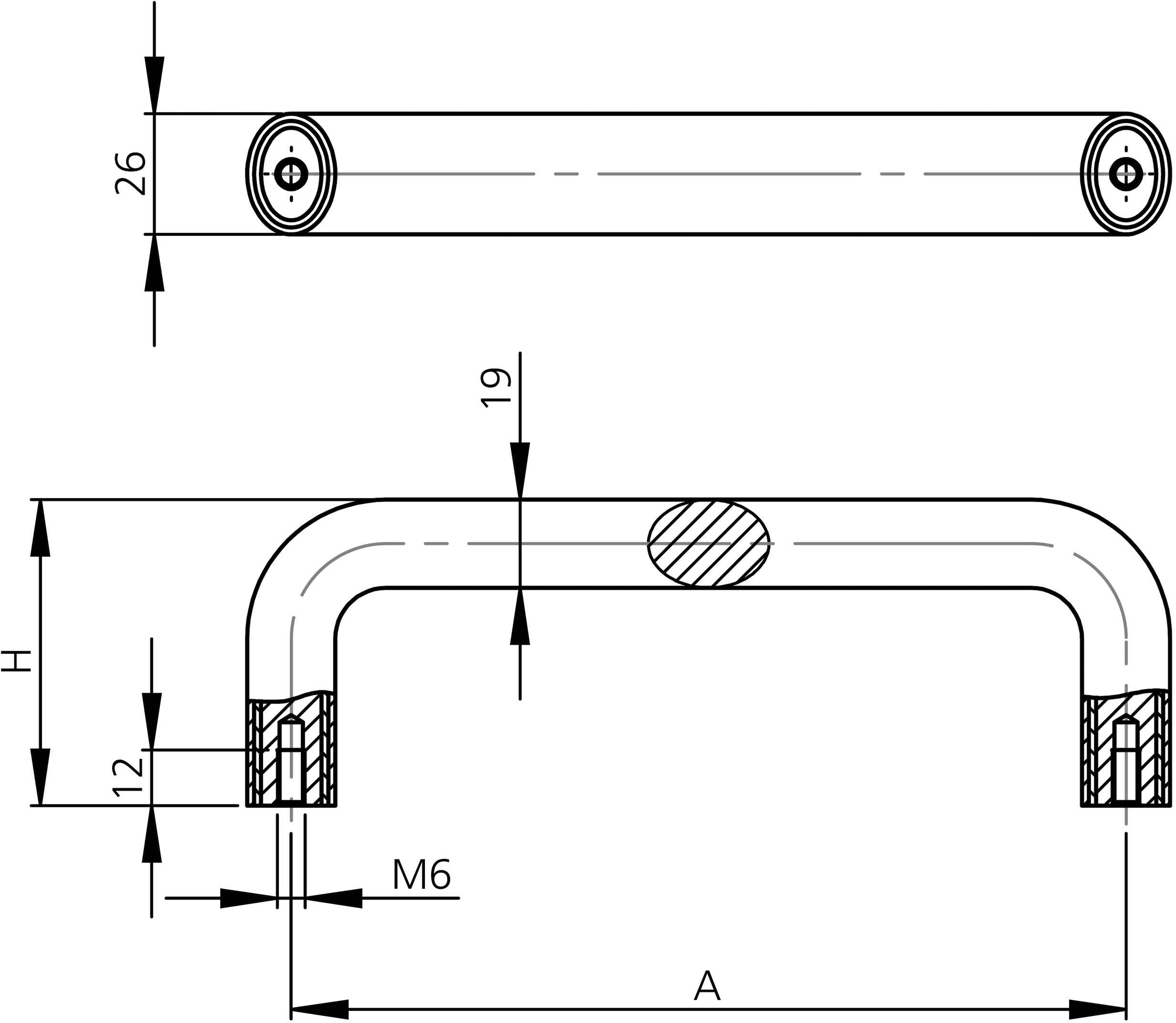 Rysunek techniczny uchwytu z wymiarami: rozstaw otworów 26 mm, całkowita długość A, wysokość H, śruba M6, pozostałe wymiary 12 mm i 19 mm.