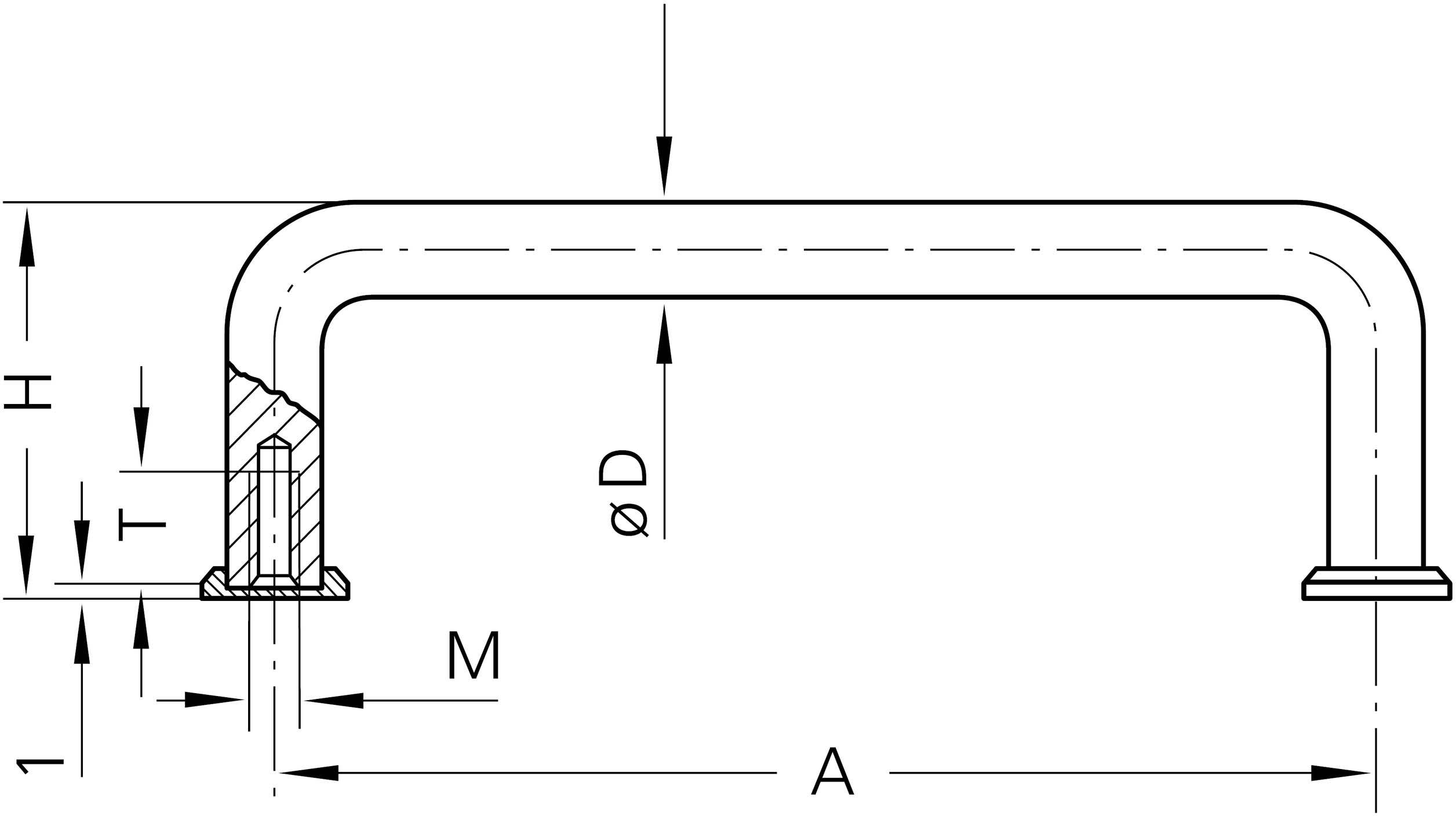 Rysunek techniczny wygiętego metalowego wspornika z wymiarami: wysokość (H), szerokość (A), średnica (D), grubość materiału (T), wysokość montażowa (M).
