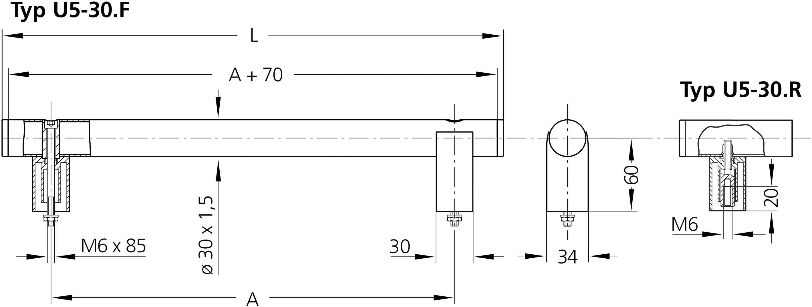 'Rysunek techniczny uchwytu, typ U5-30.F i U5-30.R. Przedstawiono wymiary: długość L, Ø 30x1,5 mm, M6, 85 mm, wysokość 60 mm.'