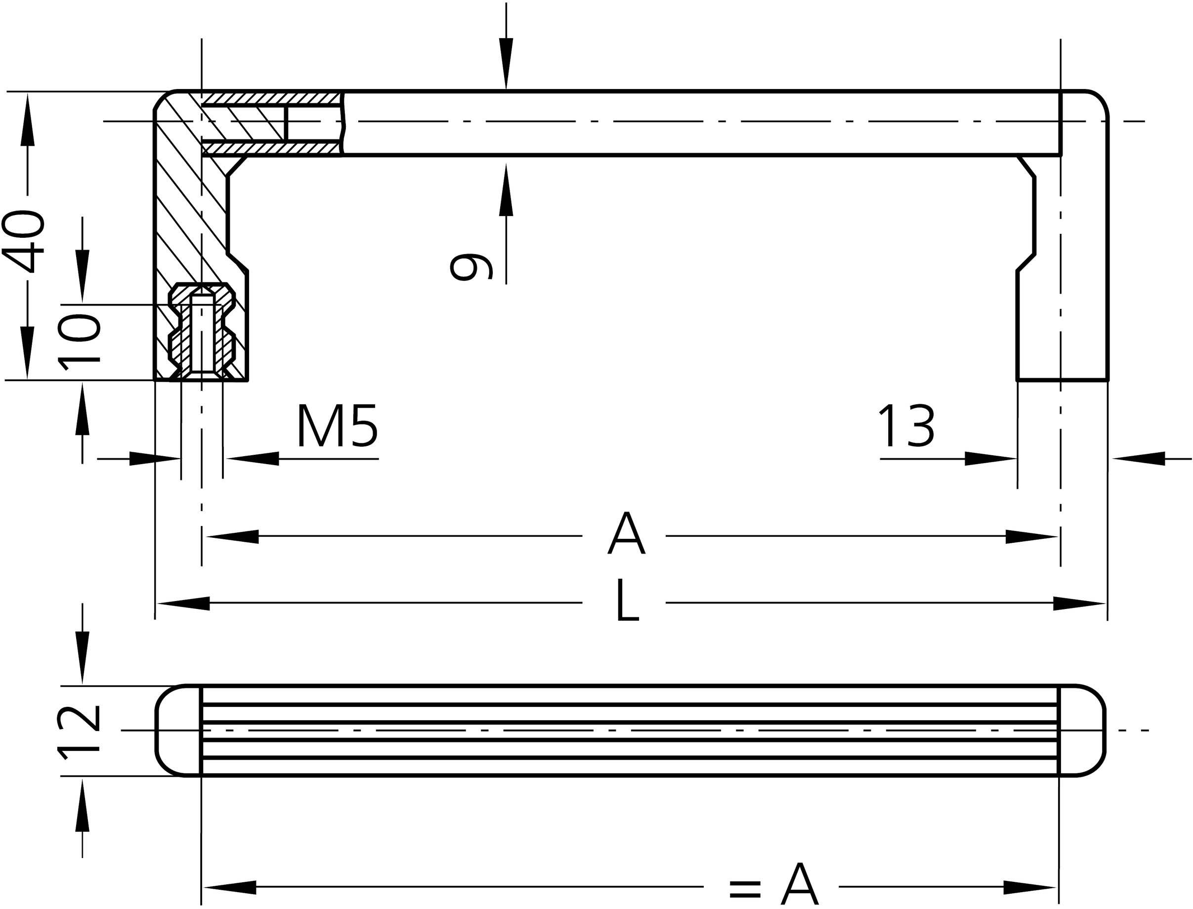 Rysunek techniczny uchwytu w kształcie litery U: wymiary, rozmiar śruby M5, całkowita szerokość L, wysokość 40 mm. Doskonały do zastosowań w budowie maszyn.