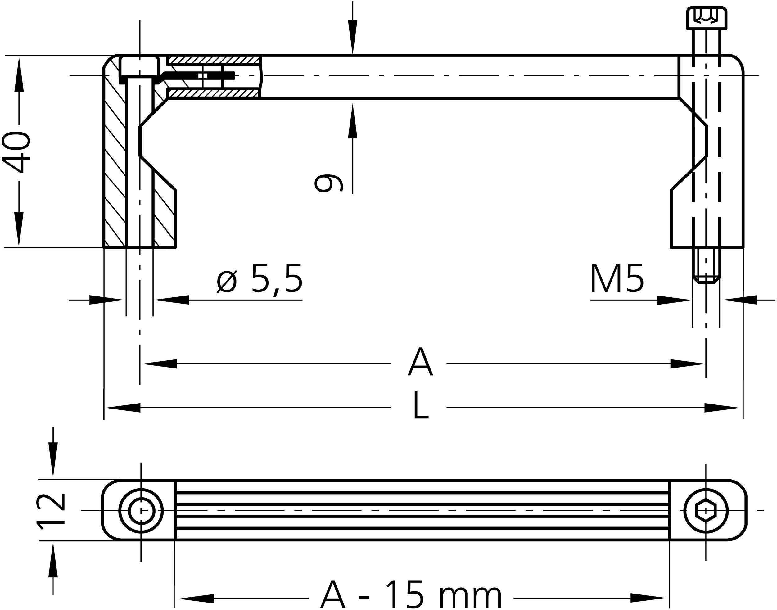 Rysunek techniczny elementu o kształcie litery U. Wymiary: wysokość 40 mm, szerokość 12 mm, otwór boczny Ø 5,5 mm, mocowanie M5.
