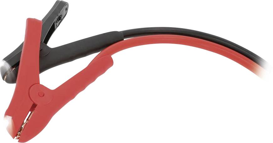 Czerwono-czarny kabel rozruchowy z zaciskami na końcach, używany do uruchamiania samochodów z pomocą innego pojazdu.