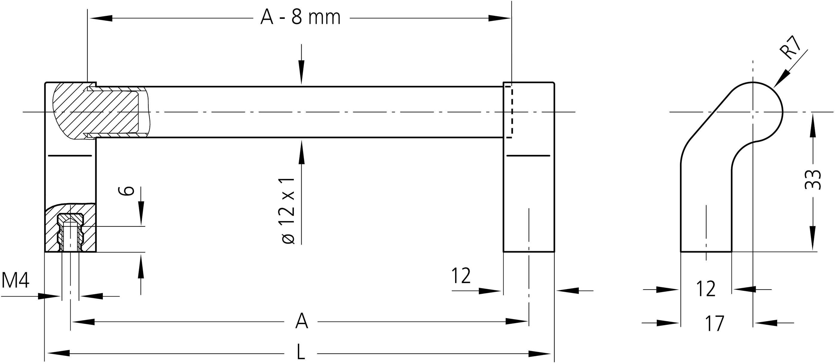 Rysunek techniczny elementu metalowego z wymiarowaniem. Główne wymiary: średnica 12 mm, całkowita długość A minus 8 mm, wysokość 33 mm.