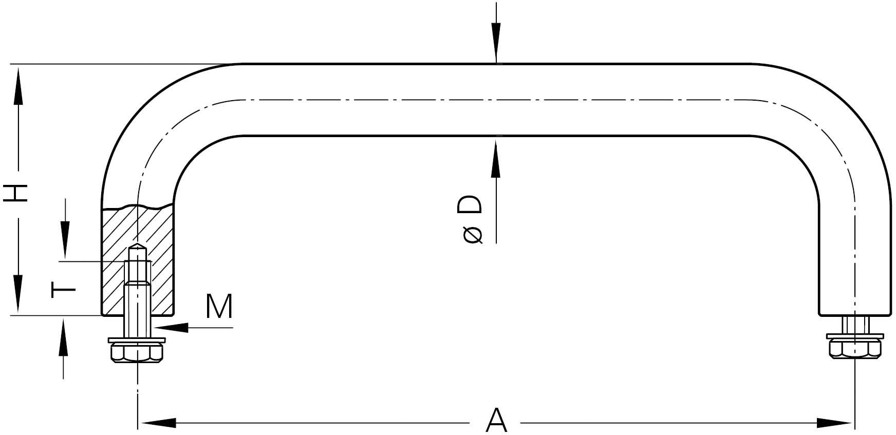 Rysunek techniczny wygiętego uchwytu metalowego z wymiarami: całkowita długość 'A', średnica 'Ø D', wysokość 'H', gwint montażowy 'M', grubość materiału 'T'.