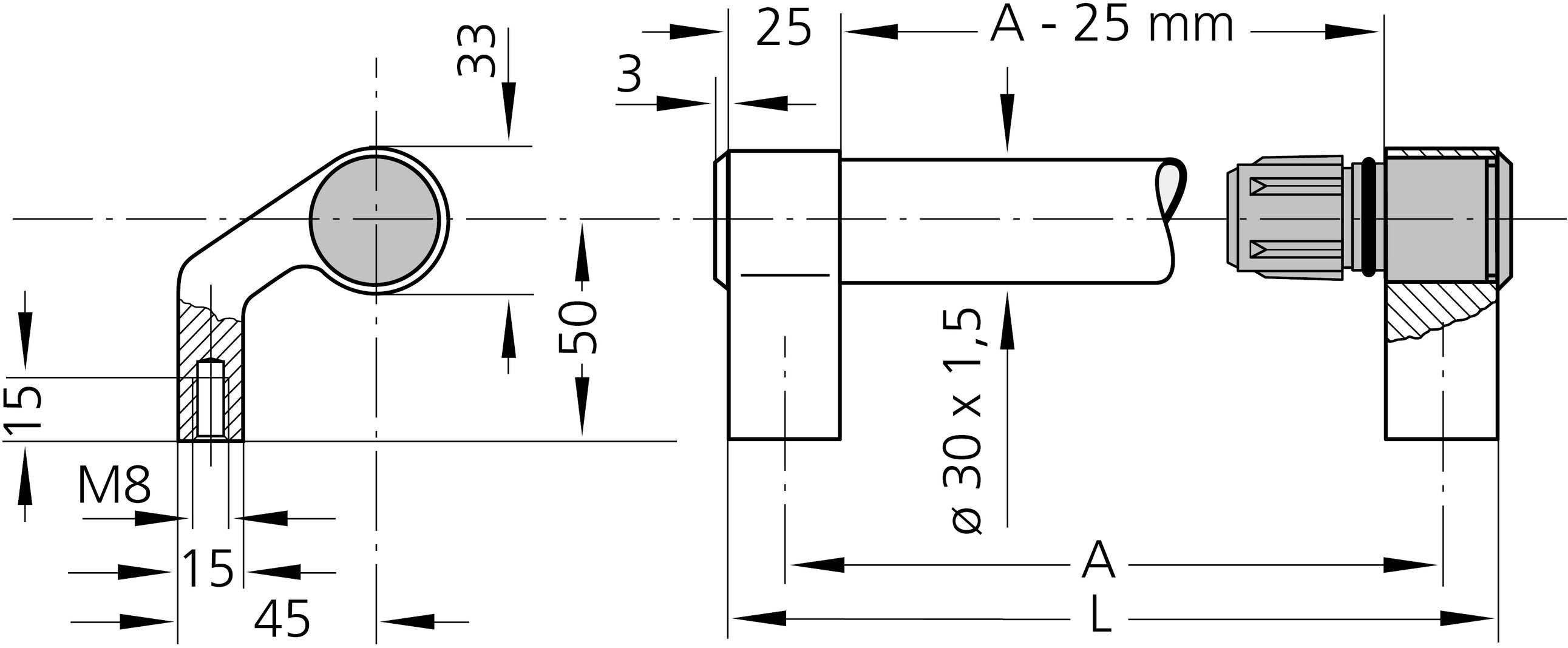 Rysunek techniczny złącza kątowego z wymiarami: śruba M8, średnica 30 mm, całkowita długość A minus 25 mm, kąt 90 stopni.