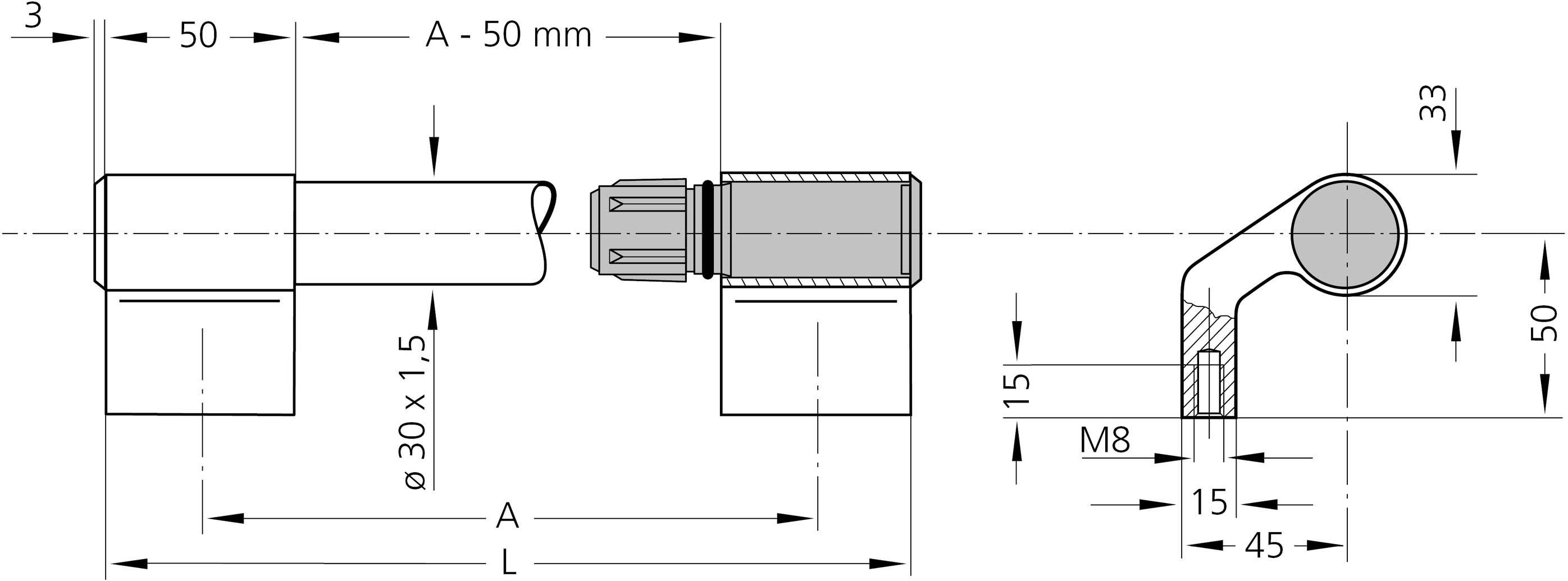 Rysunek techniczny rury z przegubem. Wymiary: długość całkowita 50 mm, średnica 30 mm, śruba M8. Różne widoki.