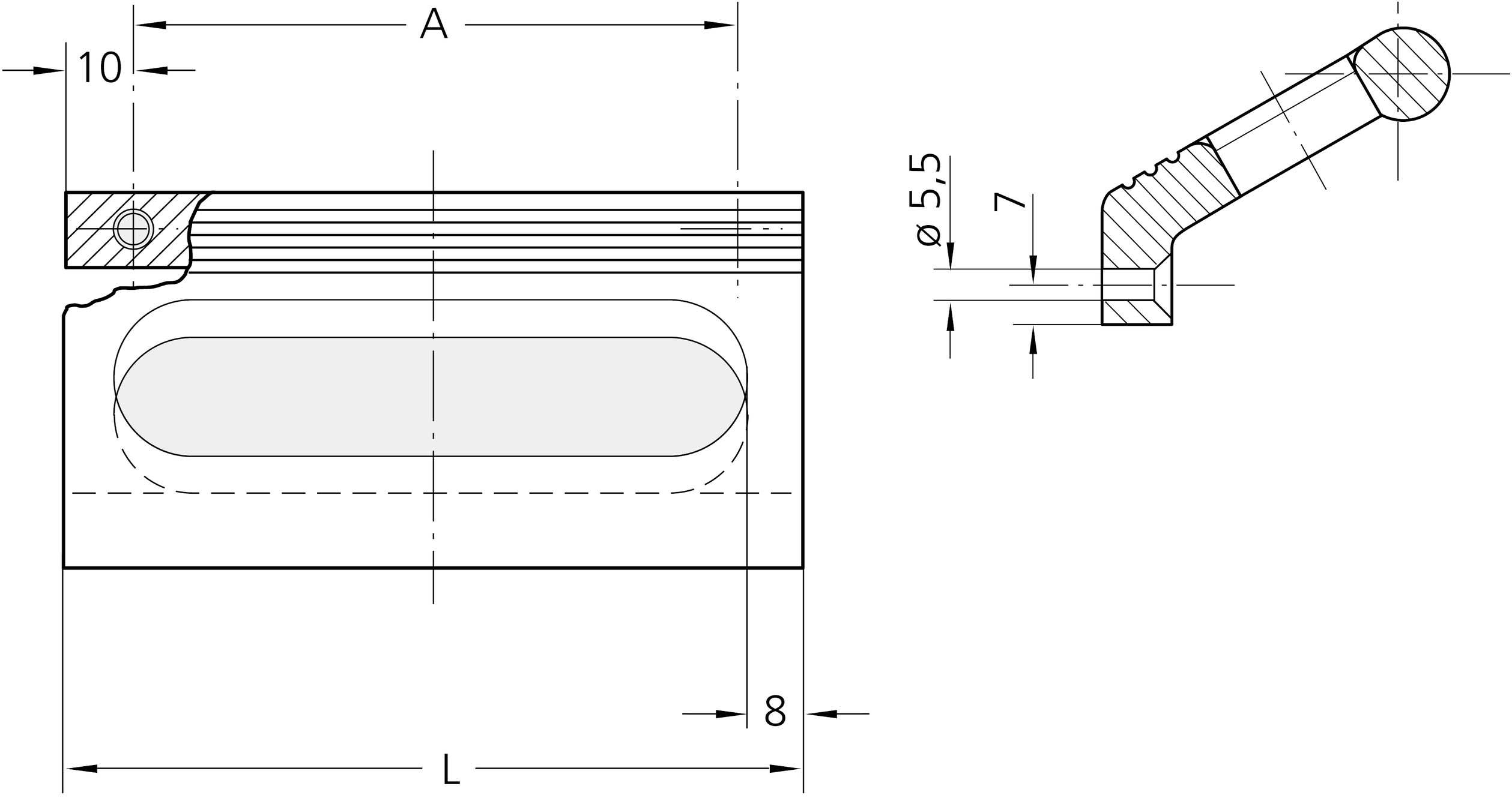 Rysunek techniczny przedstawia prostokątny element metalowy ze szczegółowymi wymiarami i przekrojem.