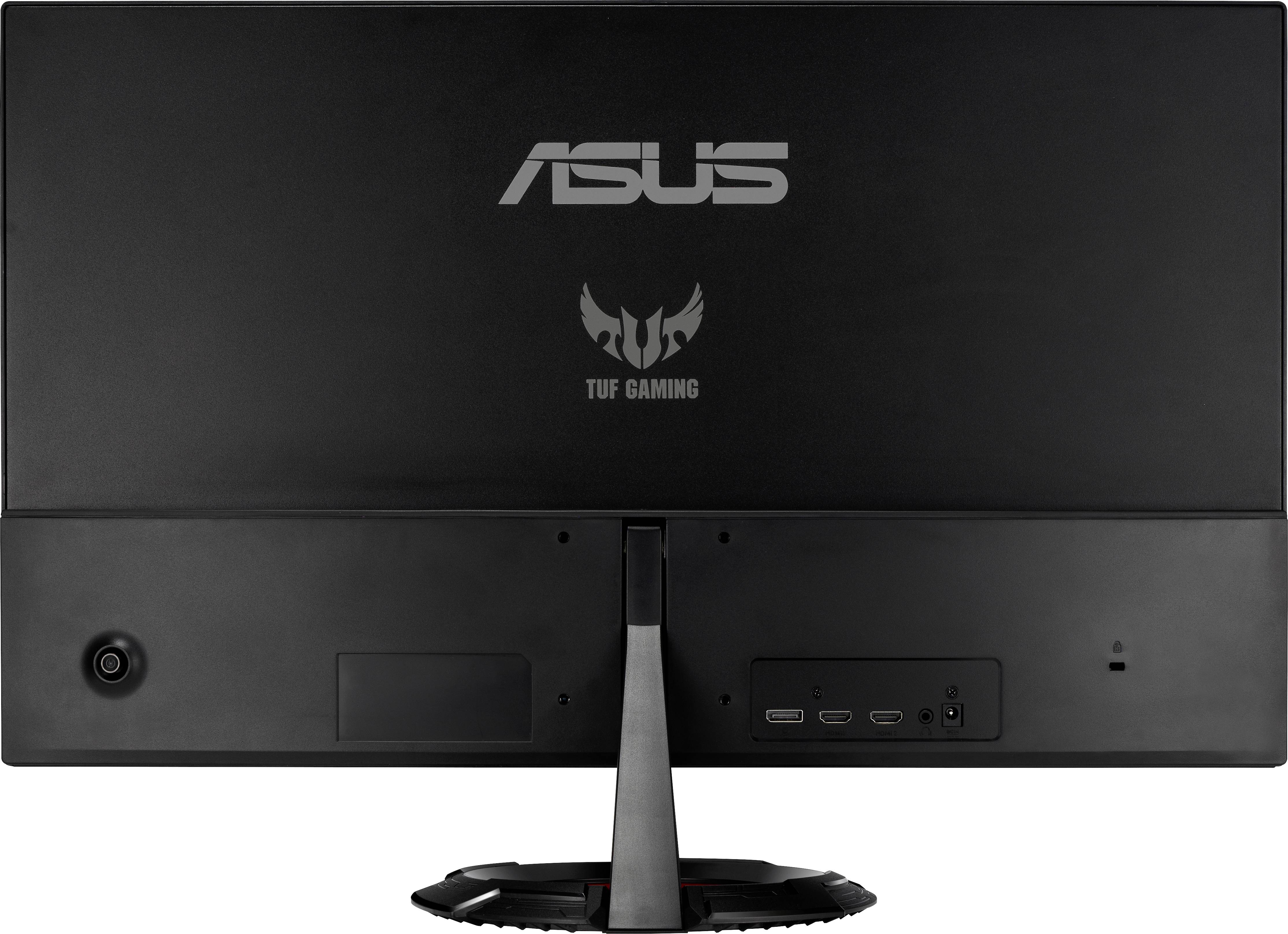 Tylna strona czarnego monitora z napisem 'ASUS TUF Gaming', widoczne są złącza i podstawa.