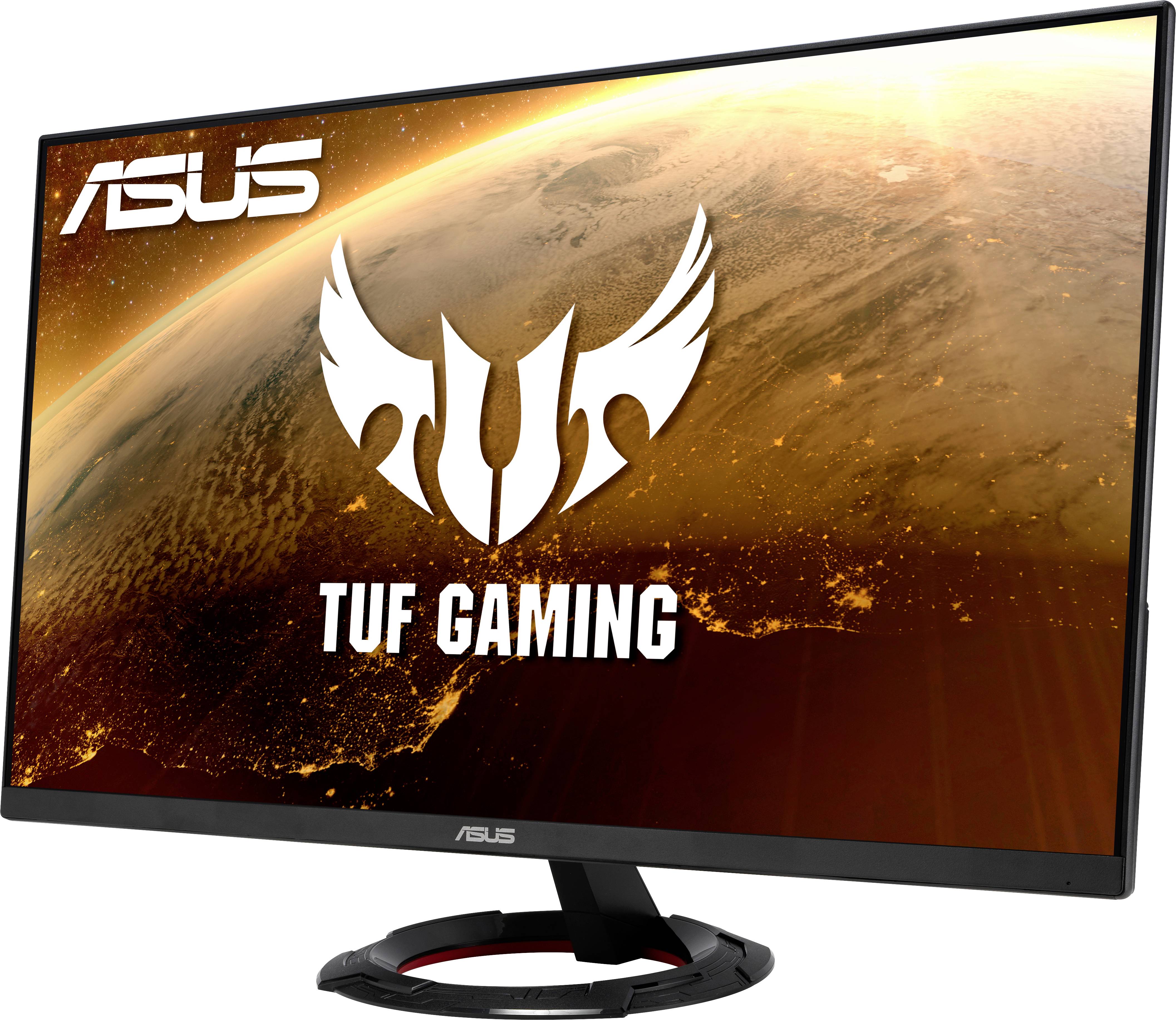 Monitor ASUS TUF Gaming wyświetla obraz Ziemi w przestrzeni kosmicznej. Widoczne jest duże logo TUF oraz napis 'TUF Gaming'.