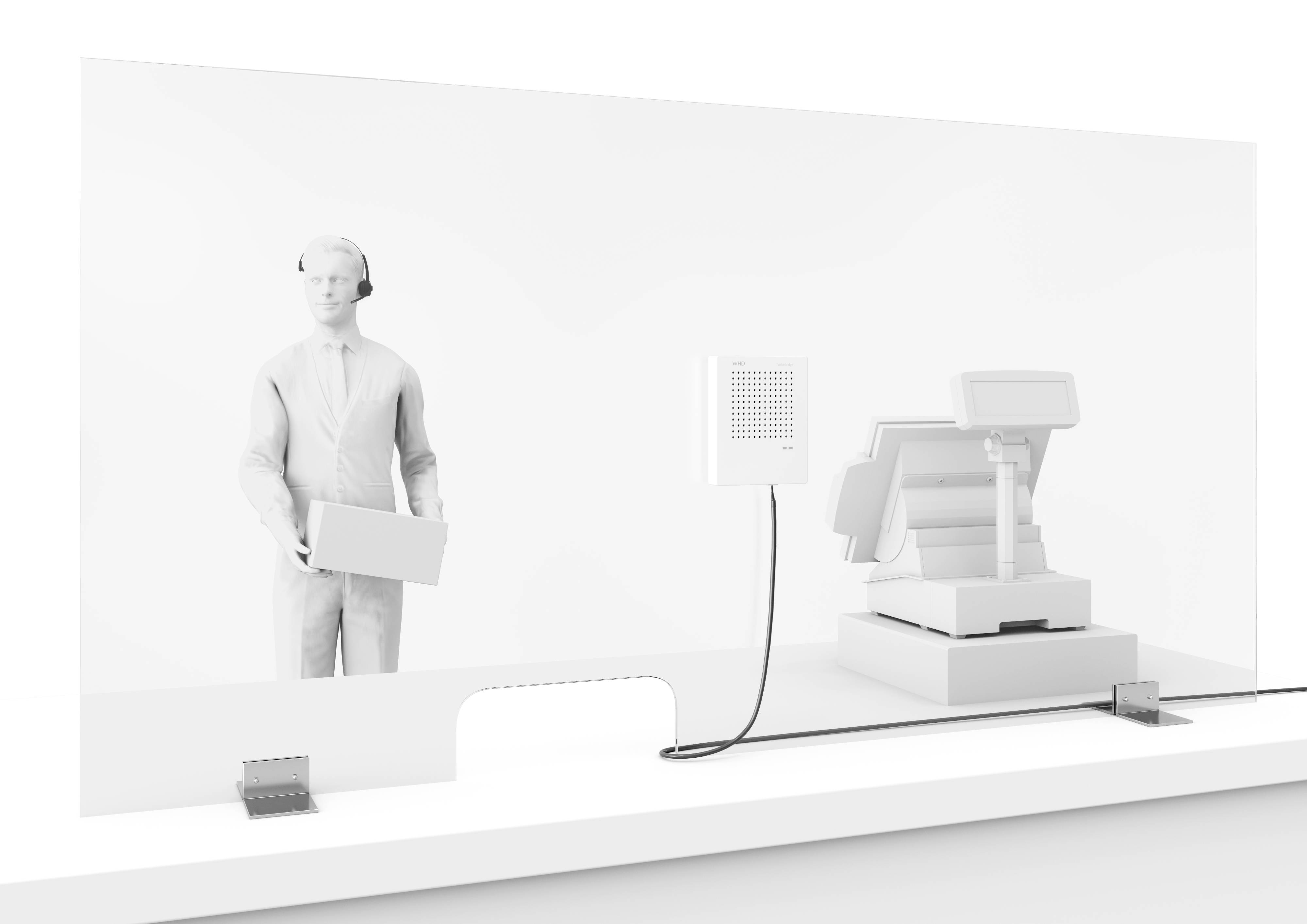 Osoba trzyma paczkę i stoi za przezroczystą przegrodą przy kasie wyposażonej w mikrofon.