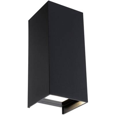 Czarna lampa ścienna z nowoczesnym, prostokątnym designem. Światło skierowane jest w dół. Idealna do współczesnej architektury.