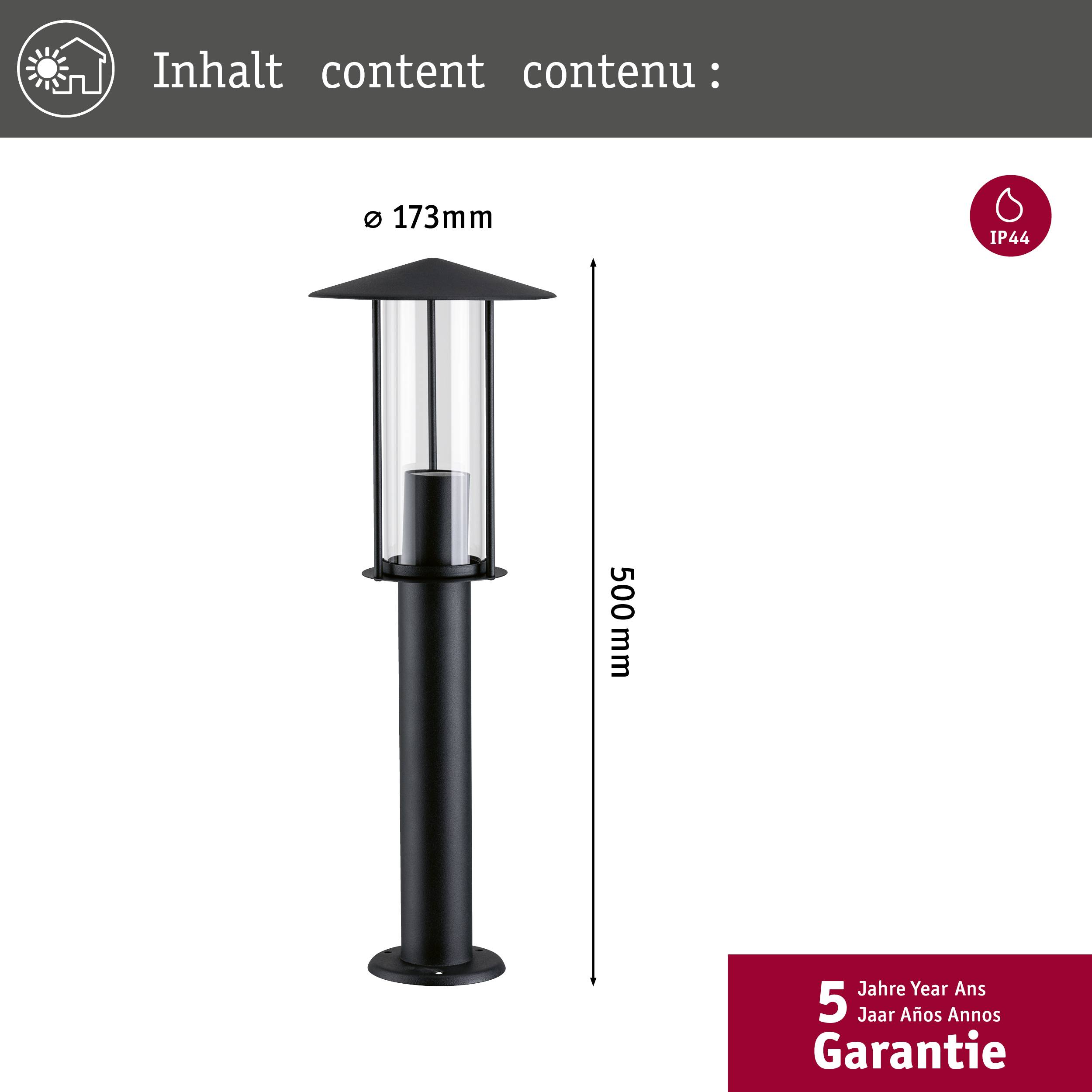 Czarna lampa zewnętrzna ze szklanym kloszem cylindrycznym, wysokość 500 mm, średnica 173 mm. Stopień ochrony IP44. 5 lat gwarancji.
