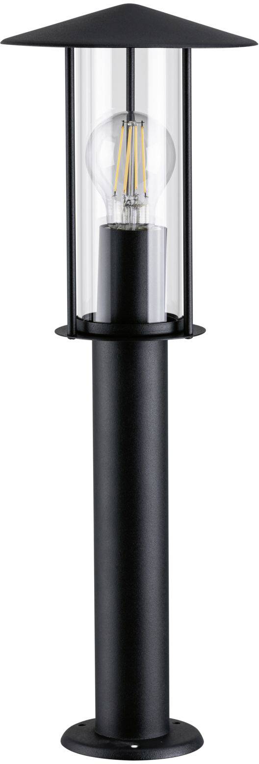 Czarna lampa ogrodowa o nowoczesnym designie, z cylindrycznym kloszem szklanym i widoczną żarówką wewnątrz. Idealna do oświetlania przestrzeni na zewnątrz.