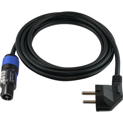 'Czarny kabel sieciowy z niebieskim złączem i czarną wtyczką Schuko. Odpowiedni do zasilania urządzeń elektronicznych.'