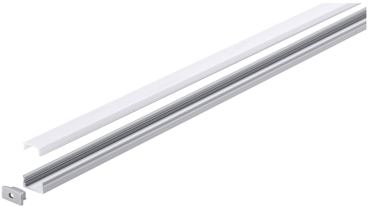 Dwa osobne elementy białego plastikowego kanału kablowego są przedstawione, jeden z aluminiową wewnętrzną stroną.