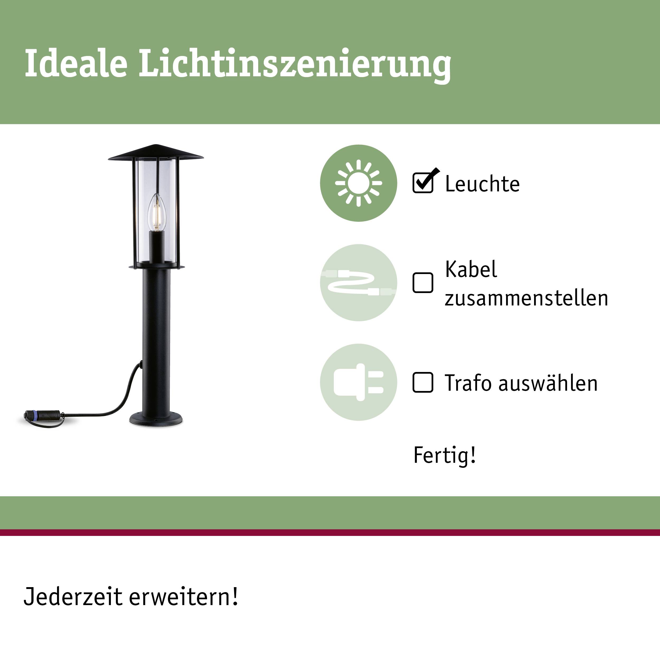 Czarna lampa zewnętrzna z przewodem i transformatorem. Tekst: 'Idealna oprawa świetlna', 'Oprawa', 'Podłączyć przewód', 'Wybrać transformator', 'Gotowe!', 'Można w każdej chwili rozbudować!'