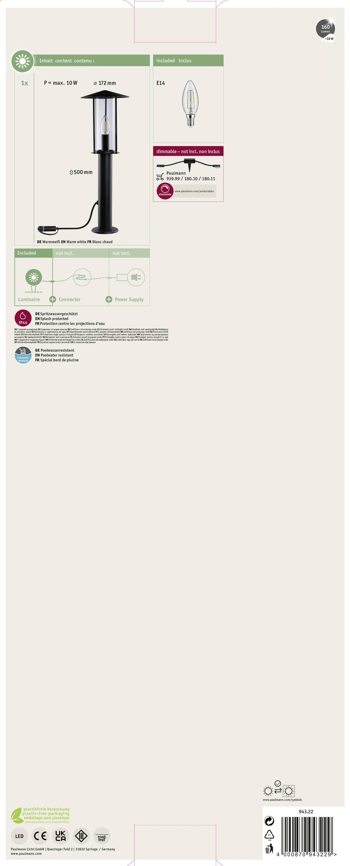 Opakowanie produktu lampy zewnętrznej. Zawiera wymiary: 278 mm wysokości, 130 mm średnicy. Pokazuje kompatybilną żarówkę LED E27, nie dołączoną do zestawu.