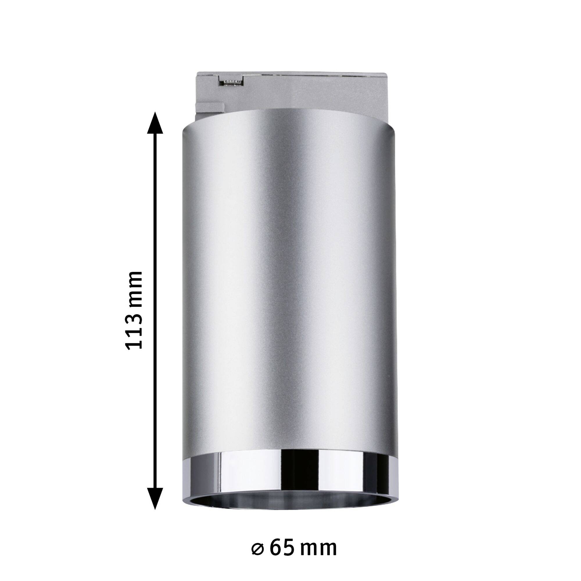 Srebrna cylindryczna lampa o długości 113 mm i średnicy 65 mm.