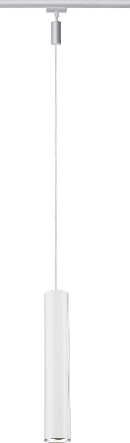 Prosta, biała lampa wisząca z cylindrycznym kloszem zwiesza się z sufitu. Minimalistyczny design, idealny do nowoczesnych wnętrz.