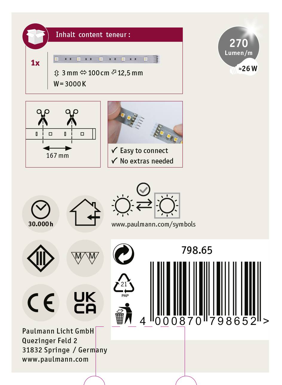 Opakowanie produktu oprawy LED. Zawiera szczegóły takie jak rozmiar, wartość strumienia świetlnego, łatwa do podłączenia, bez dodatkowych elementów.