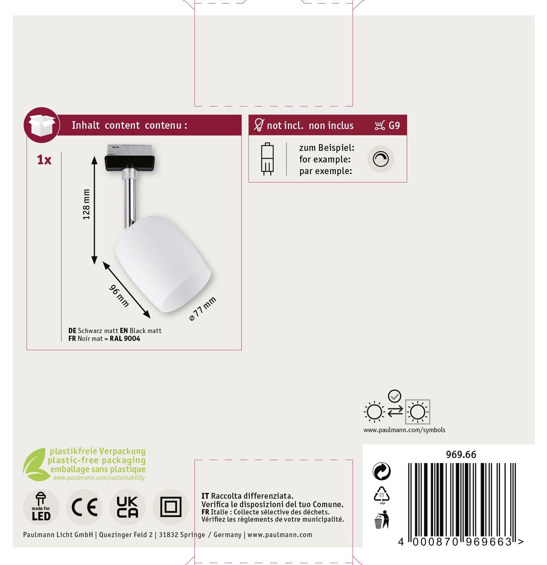 Elektryczny adapter wtykowy z włącznikiem, przedstawiony w kolorze czarnym. Informacja na opakowaniu: 'opakowanie wolne od plastiku'.