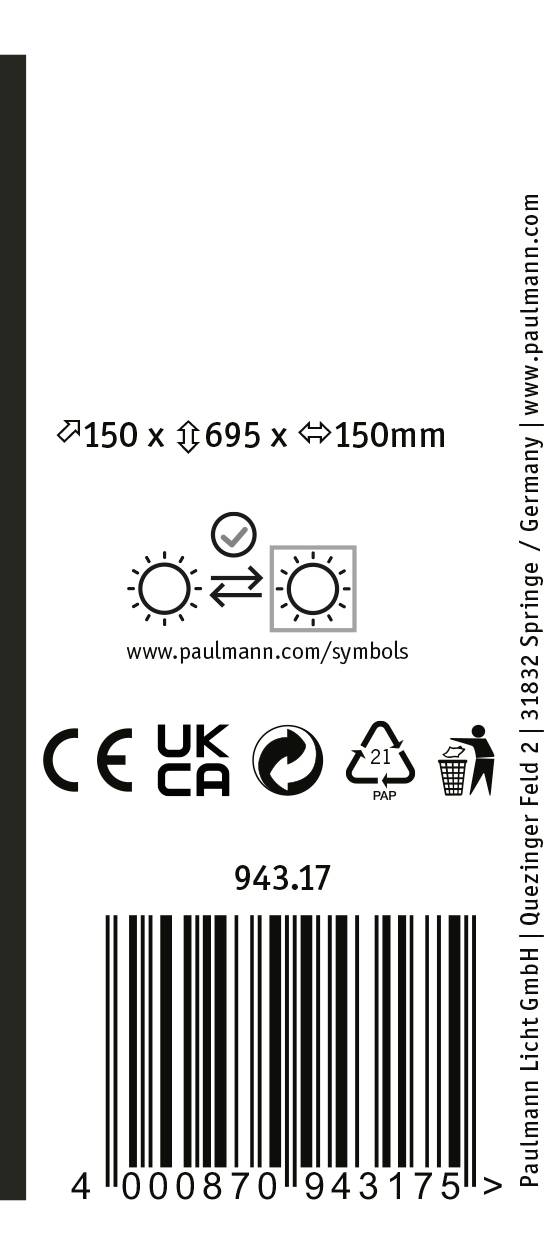 'Etykieta opakowania Paulmann Leuchten z symbolami wymienny źródła światła i recyklingu. Wymiary produktu: 150 x 695 x 150 mm.'