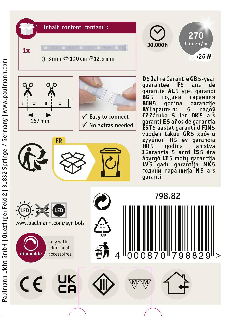 Opakowanie lampy z informacjami: 270 lumenów, żywotność 30.000 godzin, prosta instalacja, nie wymaga dodatkowych akcesoriów. Kod EAN poniżej.