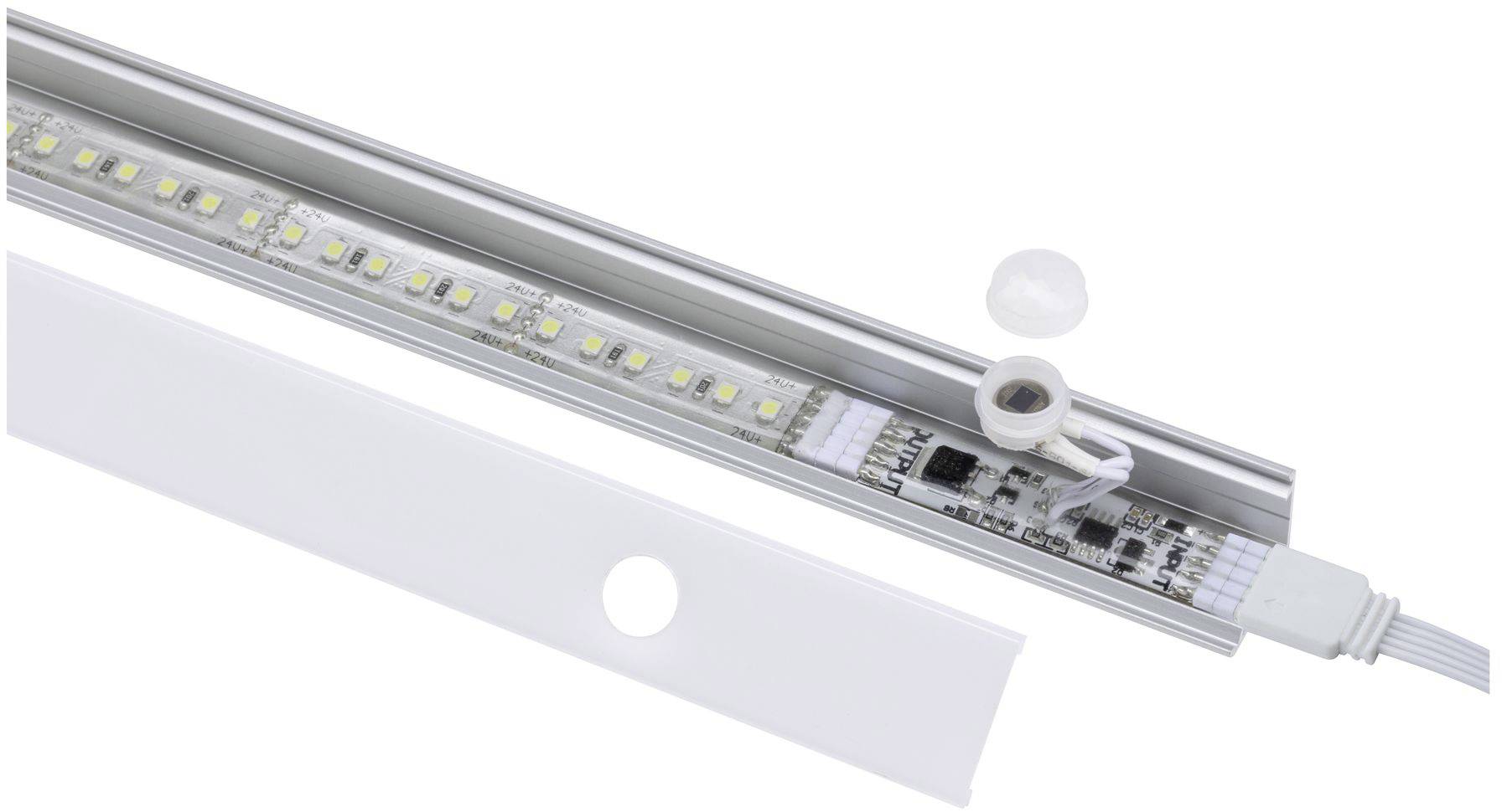 Listwa świetlna LED z zintegrowanym czujnikiem ruchu i zdemontowanym dyfuzorem. Widoczne diody LED i komponenty elektryczne.