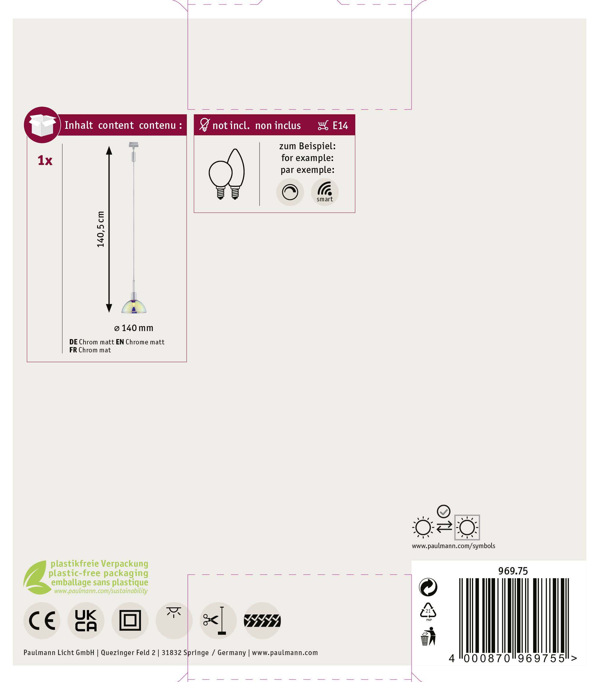 Opakowanie produktu lampy wiszącej z chromu z oprawką E14, bez źródła światła. Średnica 140 mm, opakowanie przyjazne środowisku.