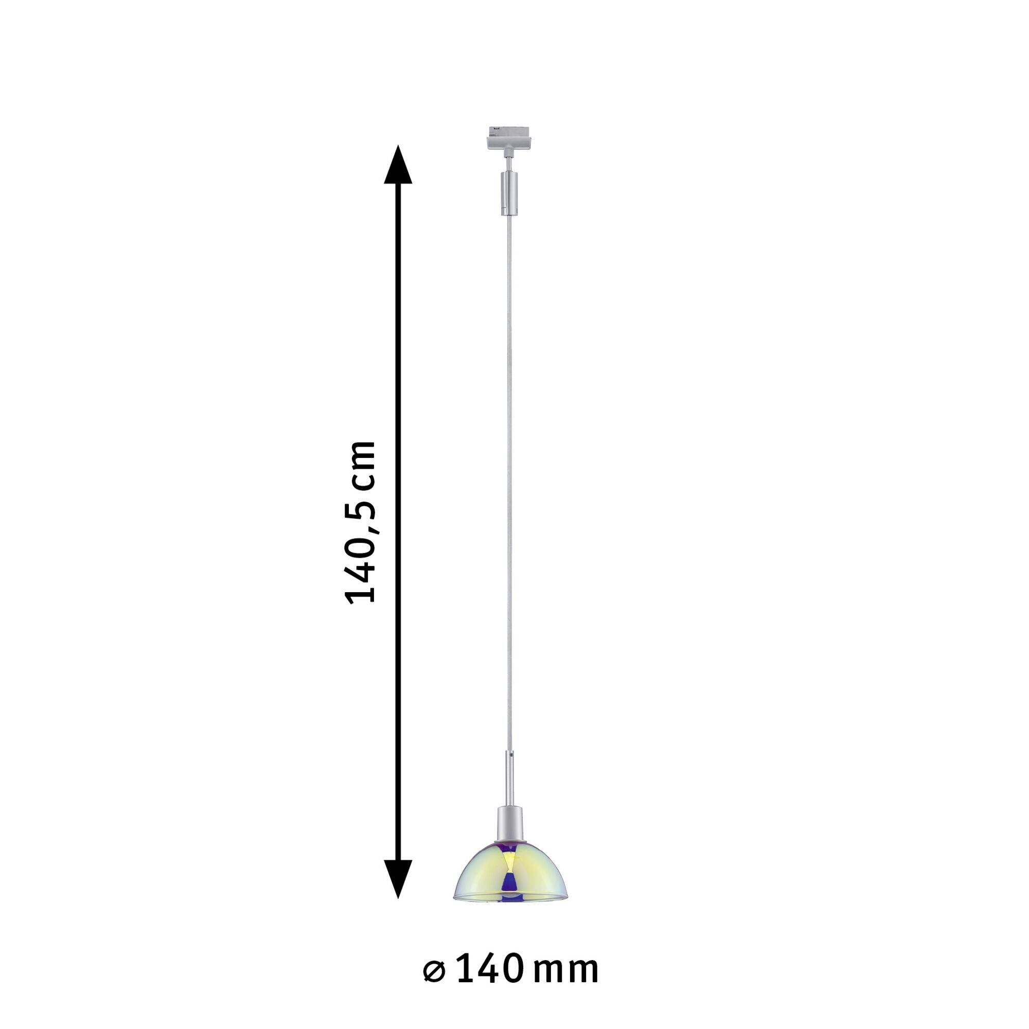 Obraz lampy sufitowej o całkowitej wysokości 140,5 cm i średnicy klosza 140 mm.