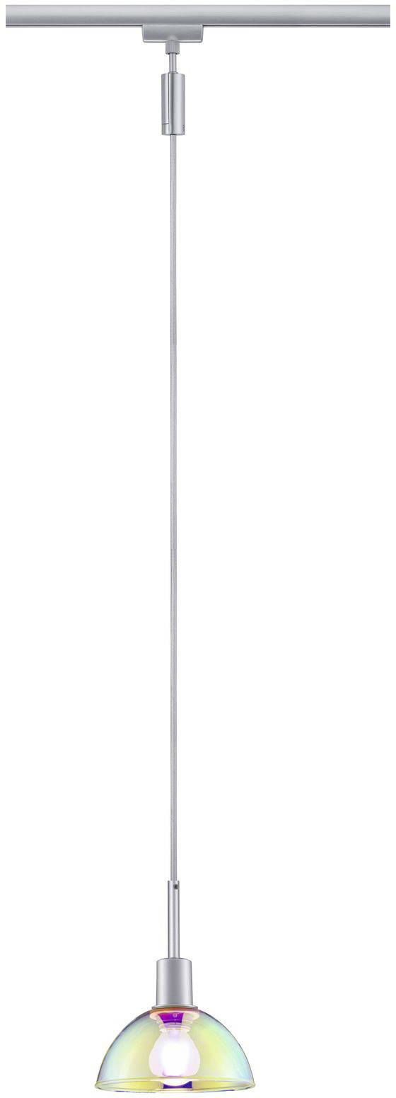 Nowoczesna lampa wisząca z chromowaną konstrukcją i kolorowym, opalizującym kloszem. Oprawa sufitowa do stylowego oświetlenia wnętrza.