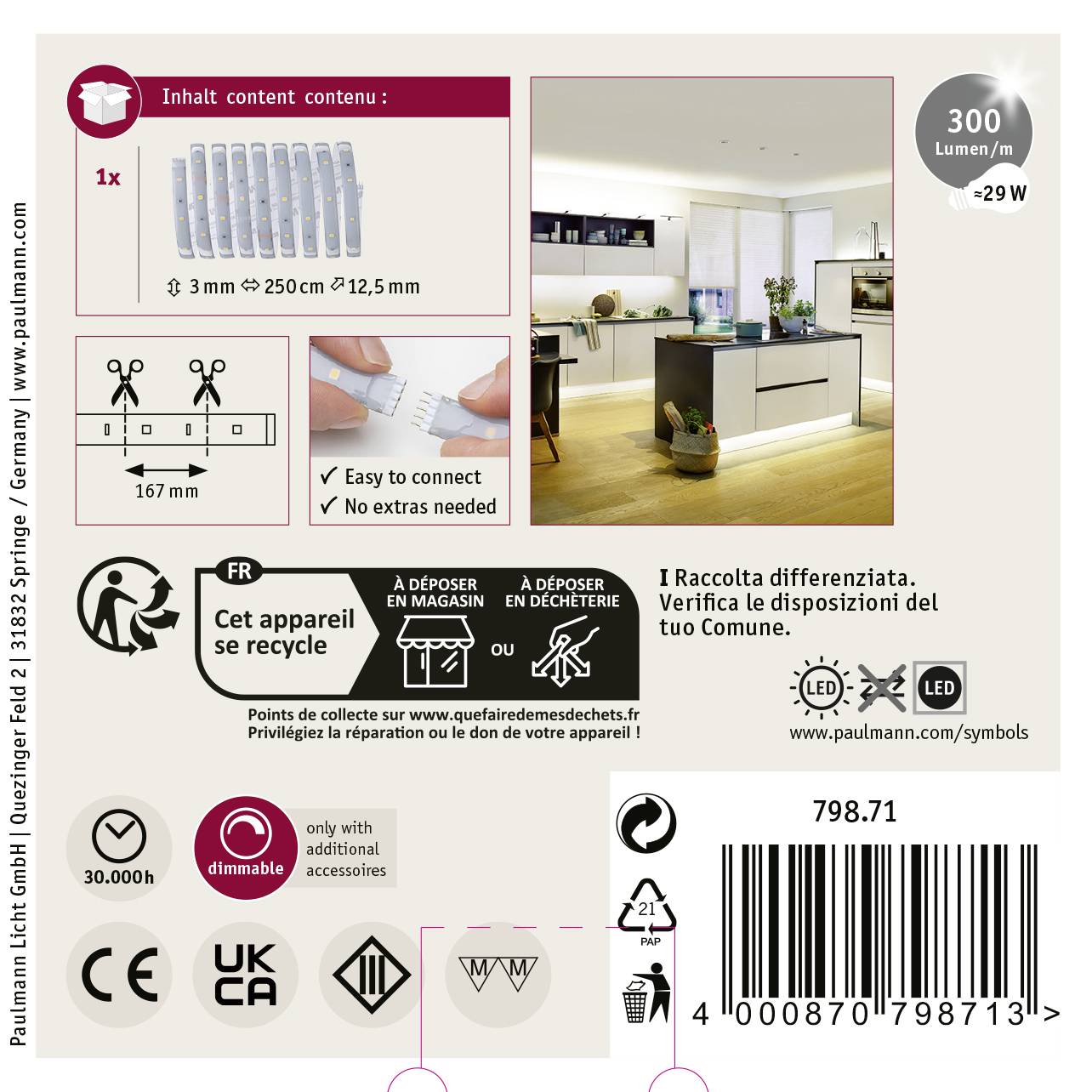 'Zestaw listwy LED, długość 167 mm, 300 lumenów/m. Prosta instalacja, bez dodatkowych podłączeń. Kuchnia jako przykład zastosowania.'