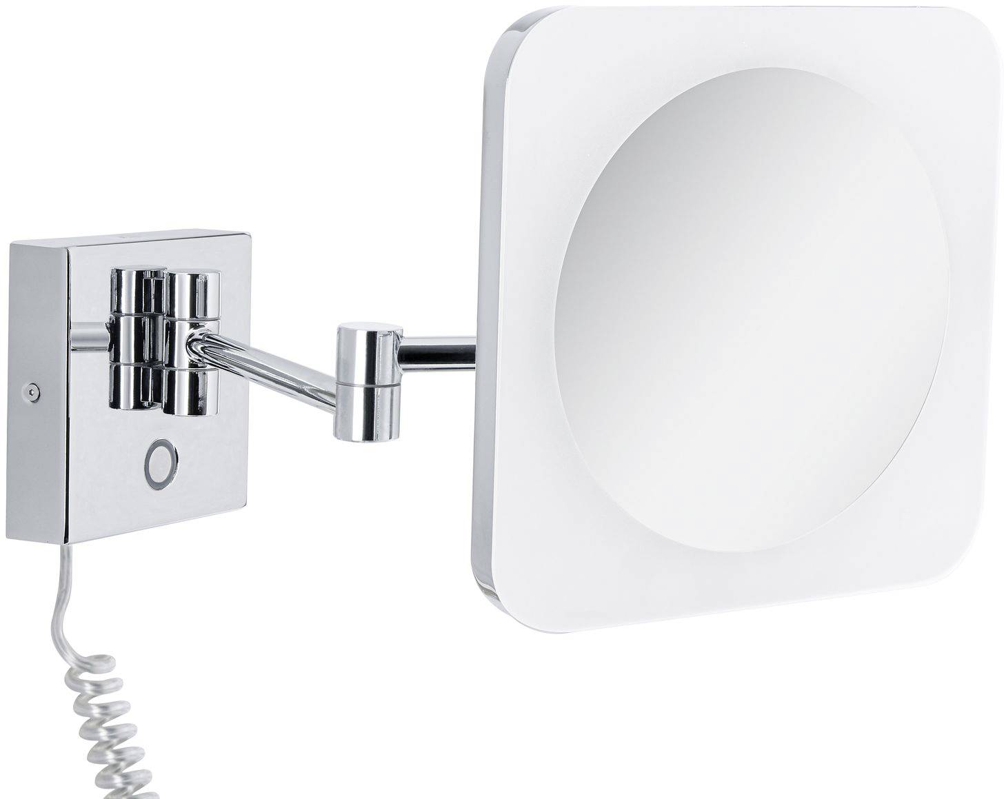 Kwadratowe, powiększające lusterko kosmetyczne z podświetleniem, zamontowane na wysuwanym ramieniu. Idealne do łazienki.