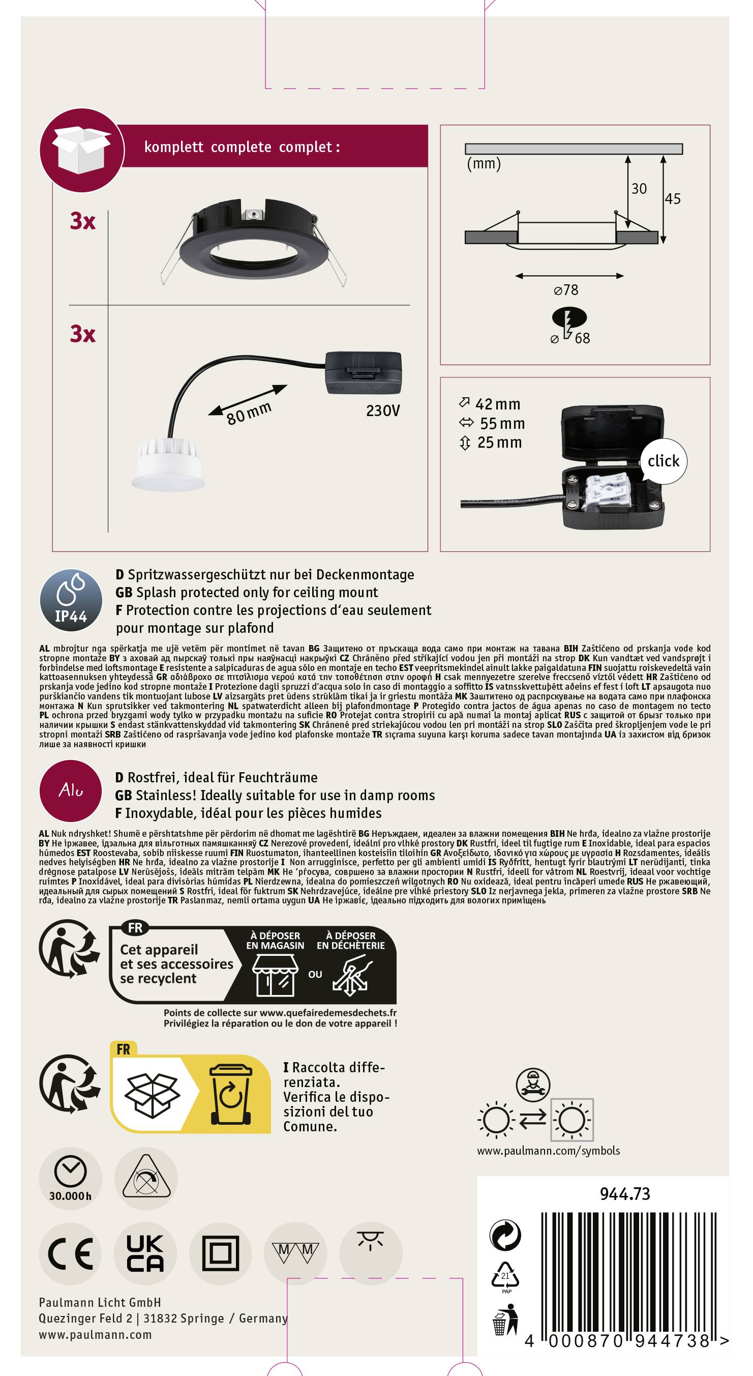 Tył opakowania z instrukcją montażu do oprawy oświetleniowej. Zawiera techniczną ilustrację, symbole bezpieczeństwa elektrycznego oraz informacje o produkcie.
