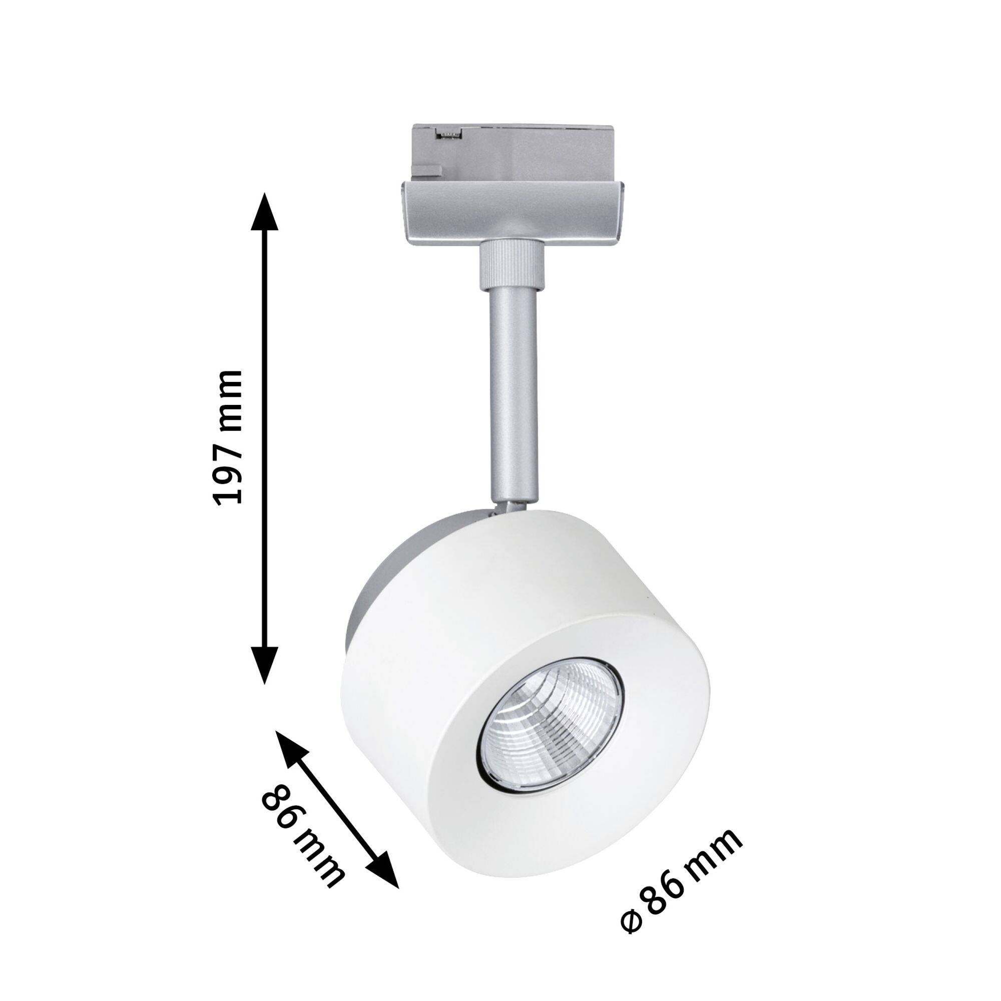 Okrągły, biały plafon sufitowy z srebrnym ramieniem, długości 197 mm. Średnica lampy 86 mm. Wyraźnie widoczny otwór świetlny.