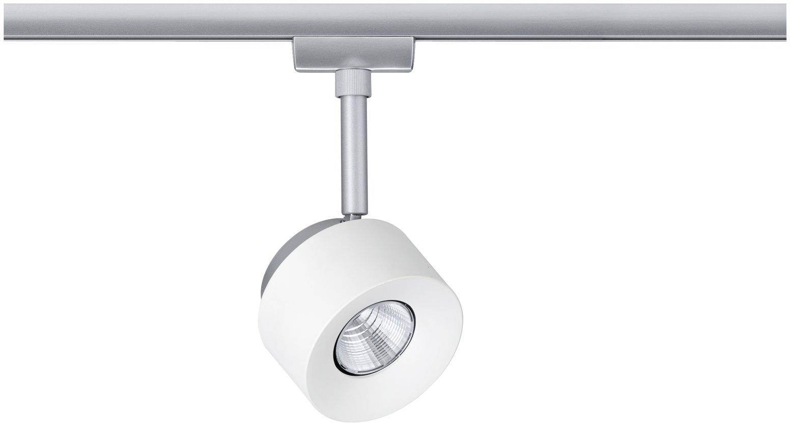 Obrotowa lampa sufitowa o nowoczesnym, okrągłym kształcie, zamontowana na srebrnej metalowej szynie, umożliwiająca kierunkowe oświetlenie.