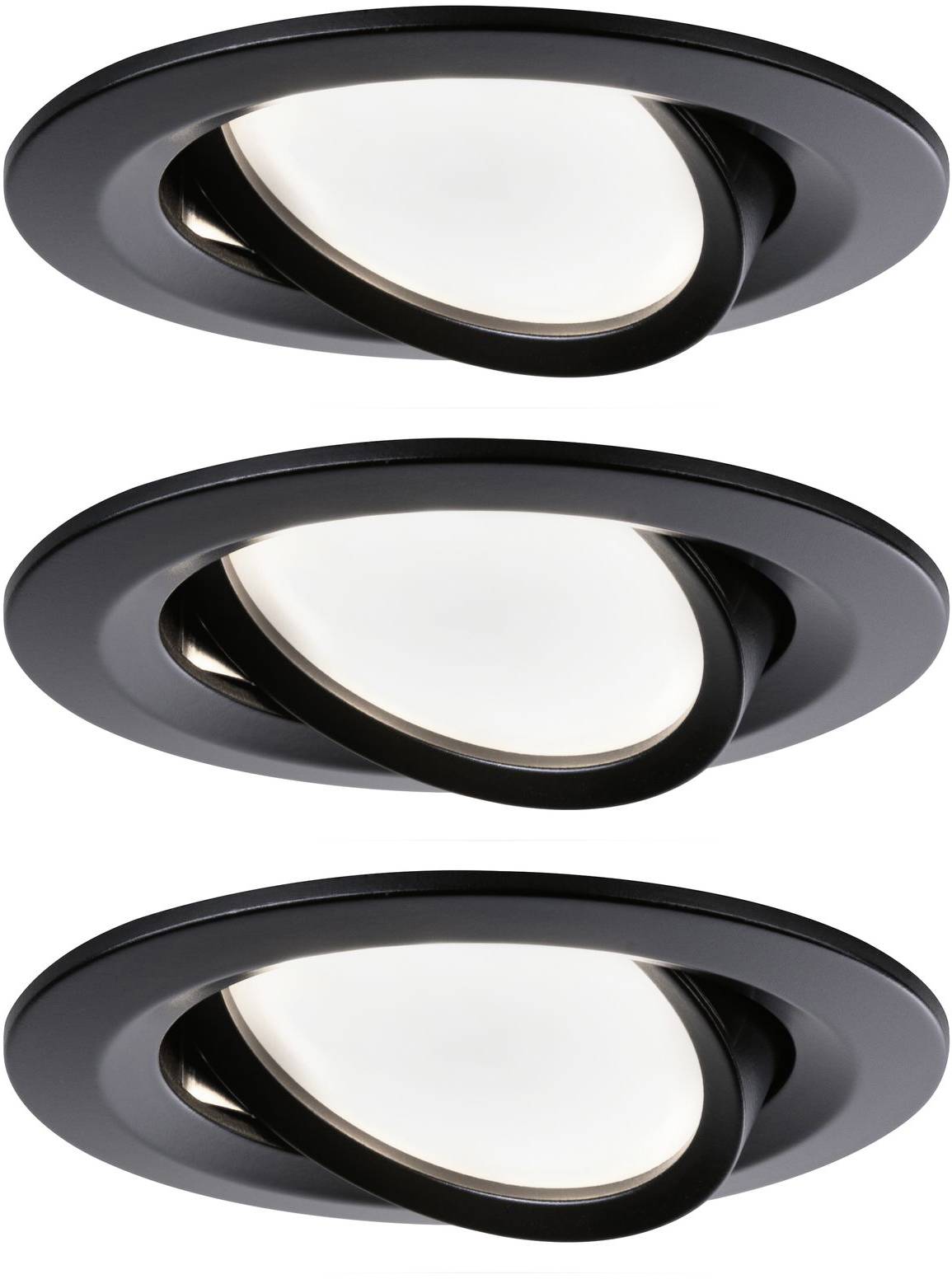 Trzy czarne, regulowane oprawy sufitowe z metalu o okrągłym kształcie.