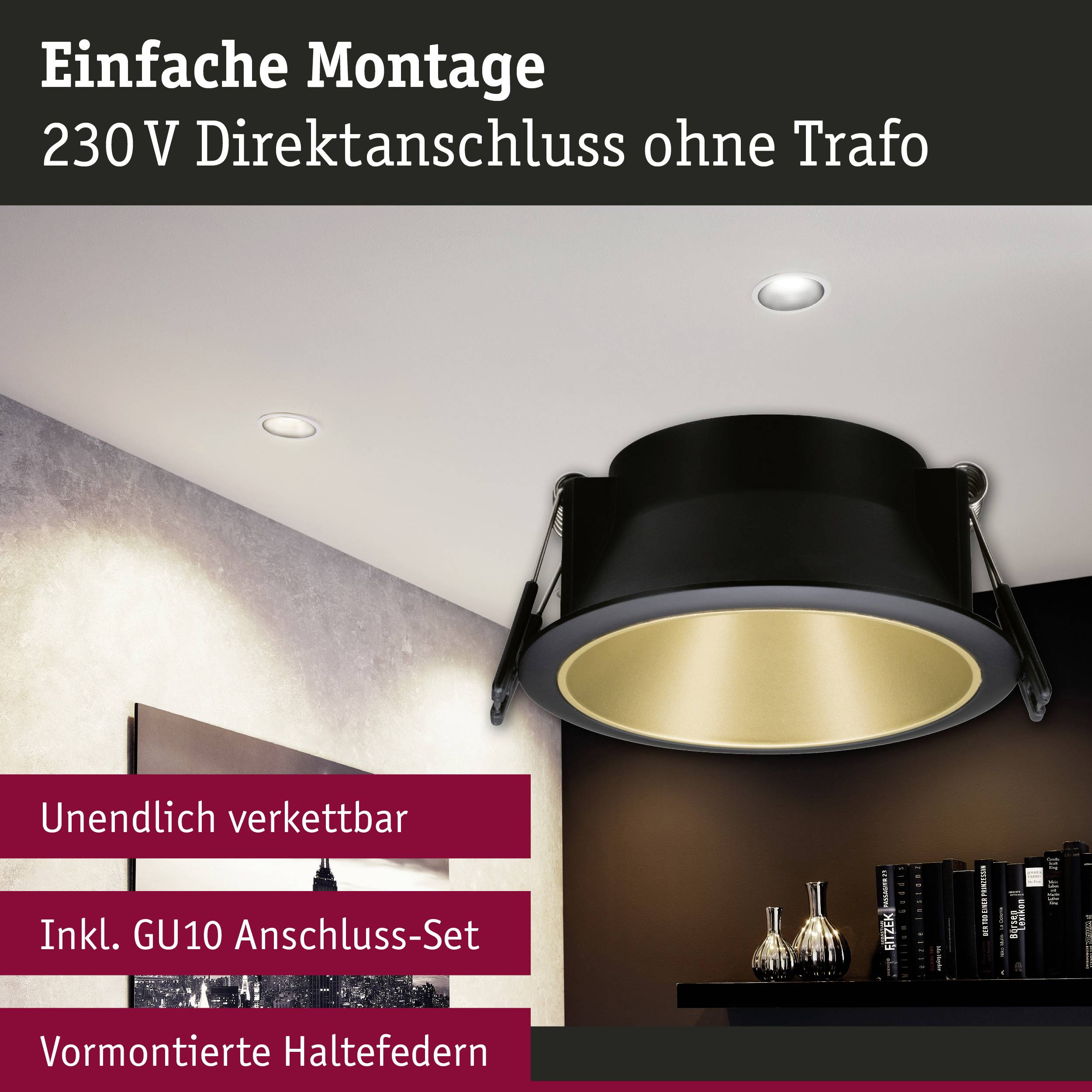 Oświetlona lampa sufitowa w nowoczesnym pomieszczeniu z dekoracją i napisem 'Prosta instalacja 230V podłączenie bezpośrednie bez transformatora'.